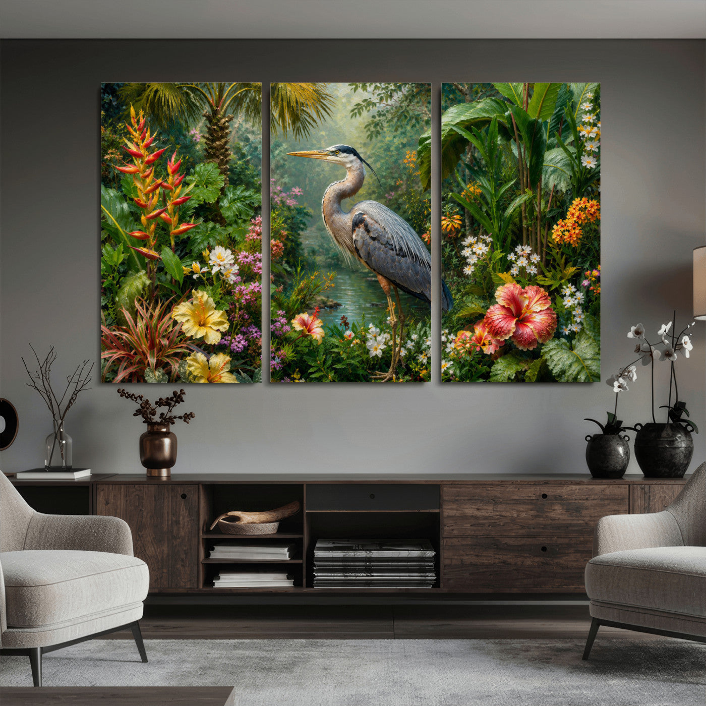 81059387-MGV-CV-36X24 - Great Blue Heron Tropical Jungle Wall Art Canvas Print, Exotic Botanical Garden Painting Print