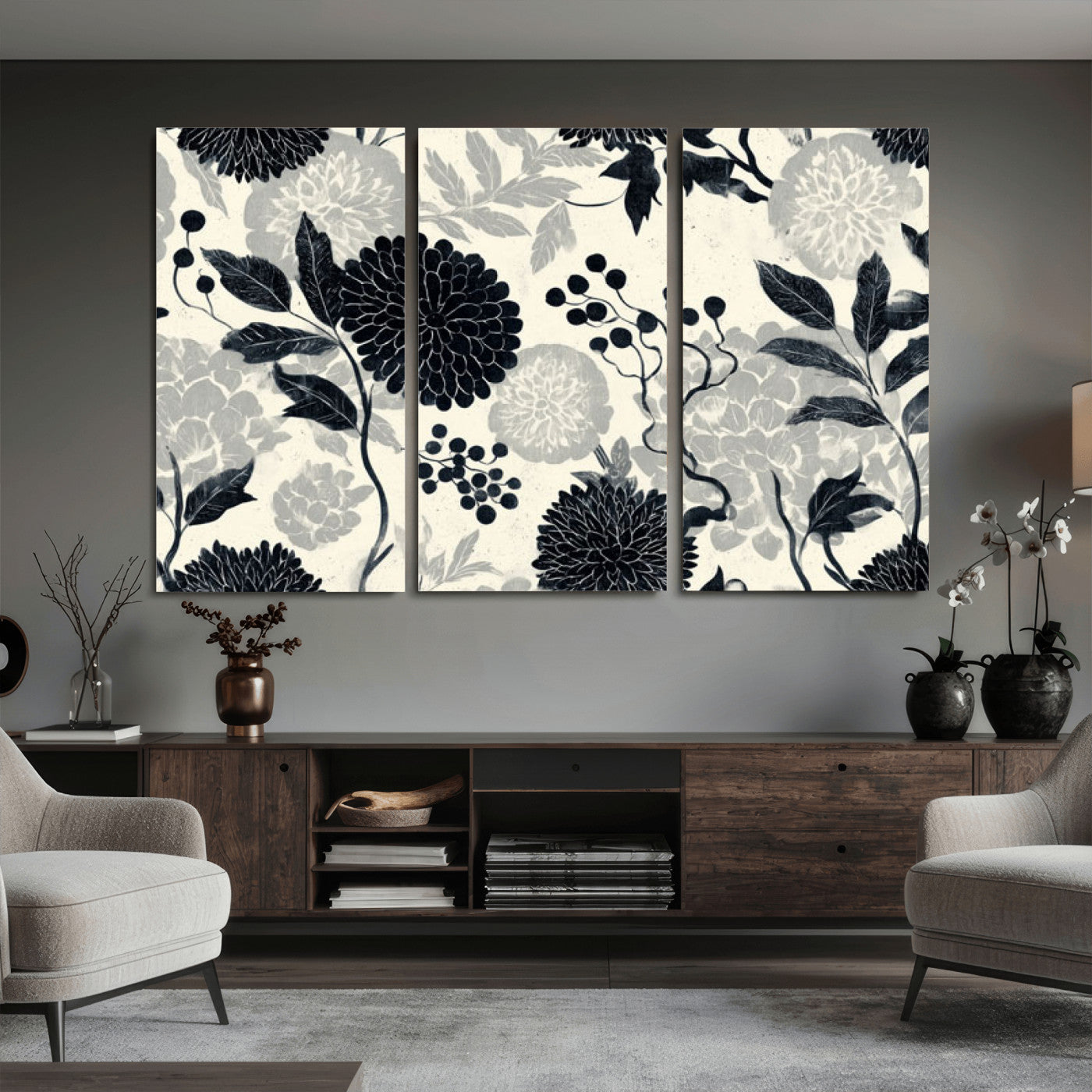 61524791-MGV-CV-36X24 - Vintage Black Chrysanthemum Wall Art Canvas Print, Monochrome Dhalia Floral Painting Print