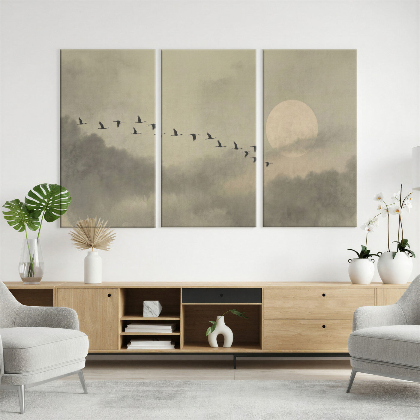 1209814B-MGV-CV-36X24 - Flying Cranes Canvas Wall Art, Misty Landscape with Moon, Sage Green Japandi Decor, Framed Print