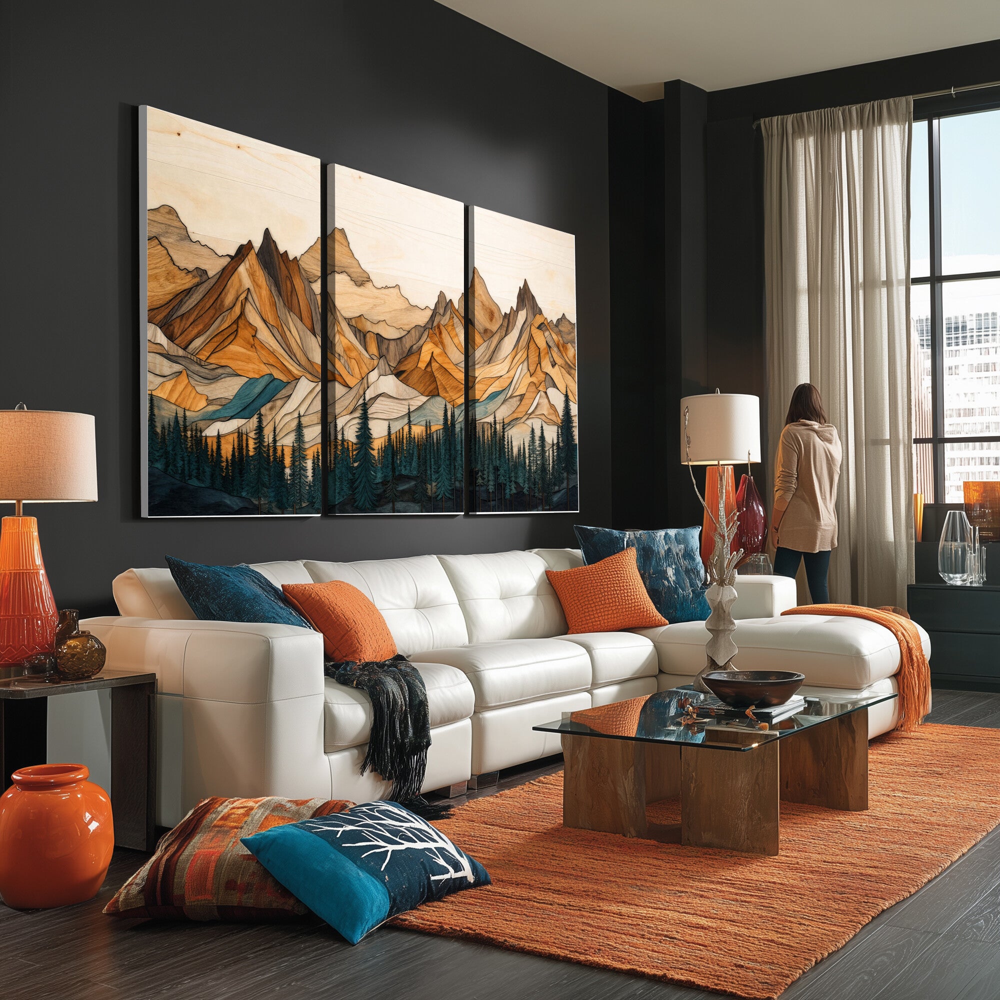 57384313-MGV-CV-48X32-3P - Mountain Landscape Canvas Wall Art with Wood Grain Effect, Golden Peaks and Teal Pine Forest, Framed Cabin Decor