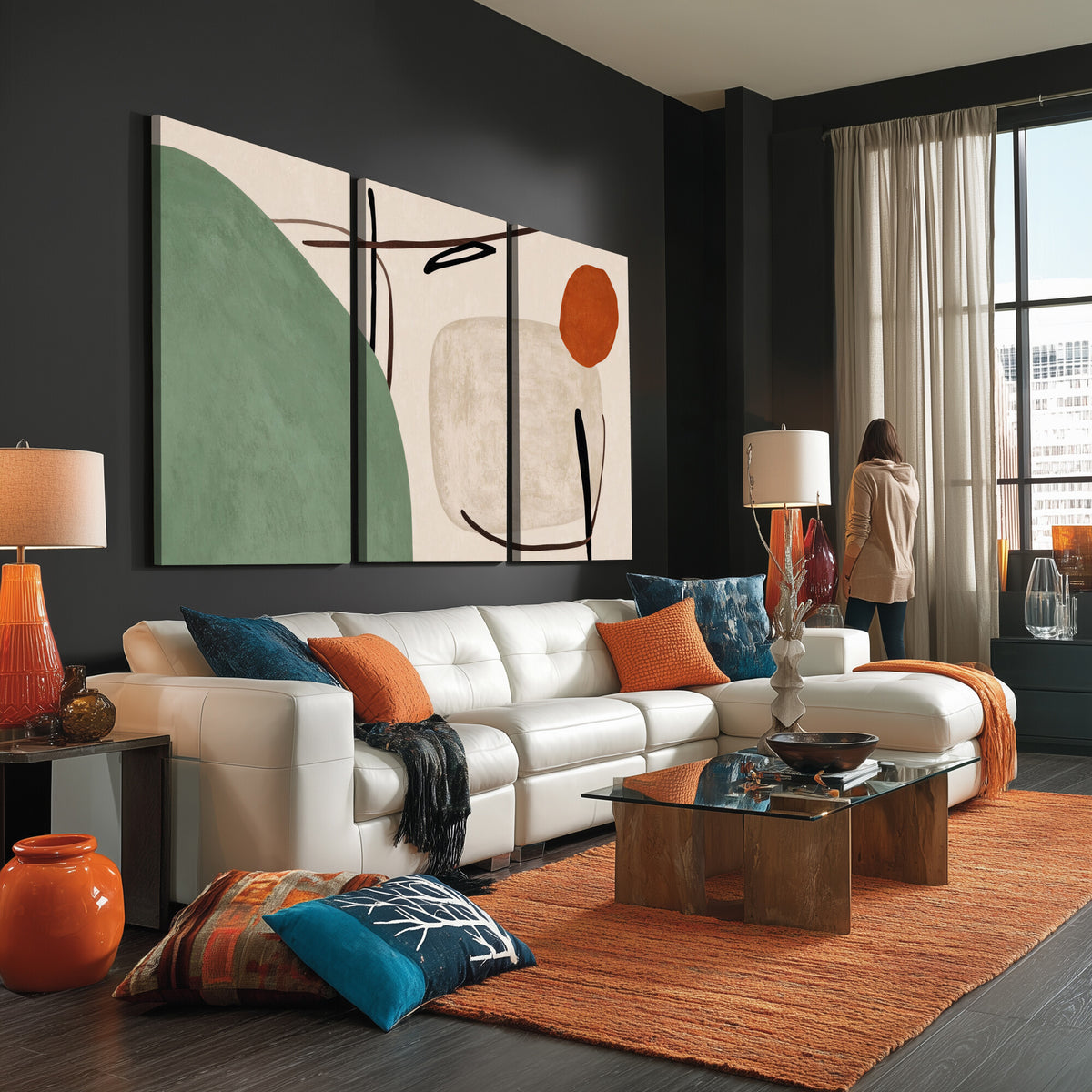 46798824-MGV-CV-48X32-3P - Mid Century Modern Geometric Canvas Wall Art, Abstract Triptych Print