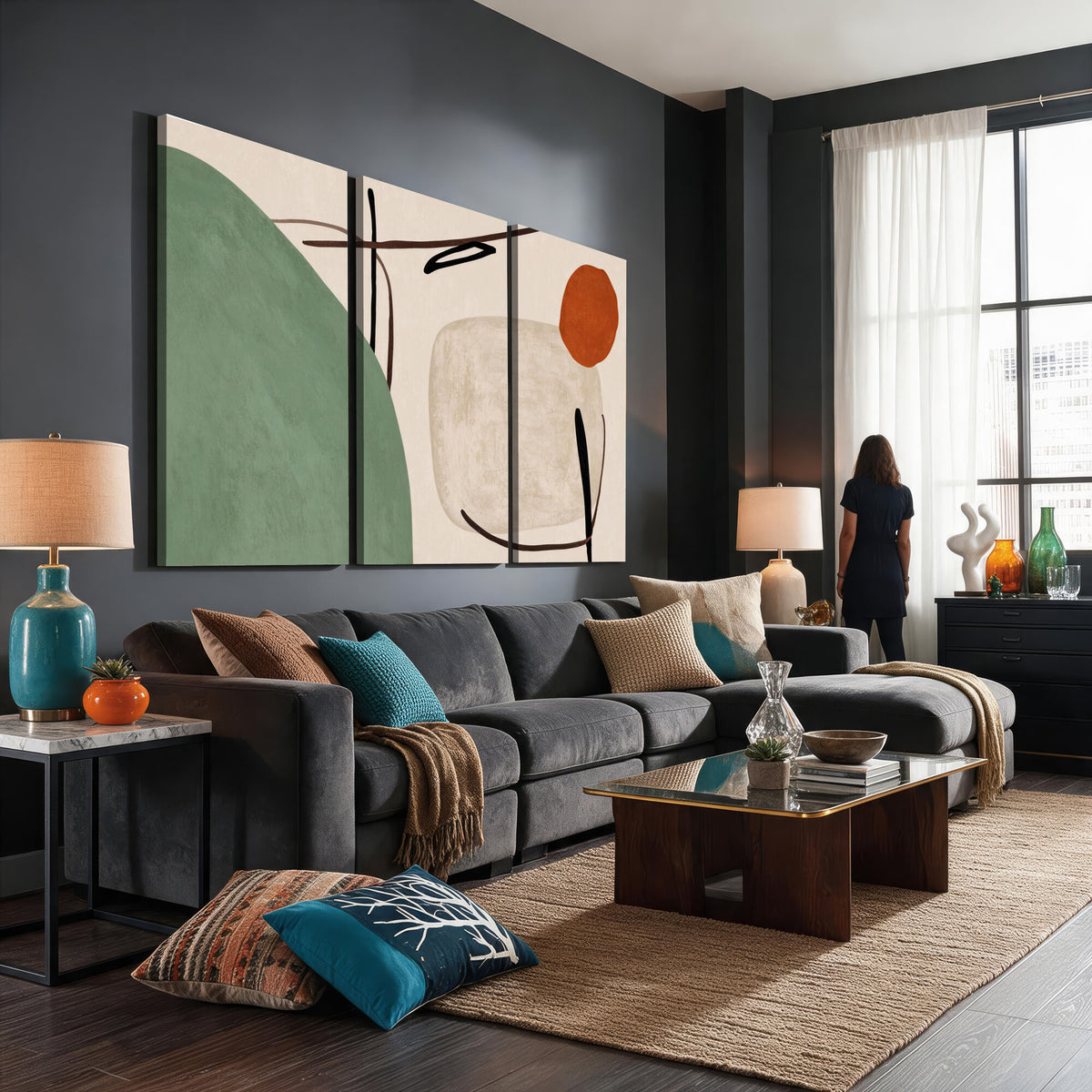 46798824-MGV-CV-48X32-3P - Mid Century Modern Geometric Canvas Wall Art, Abstract Triptych Print