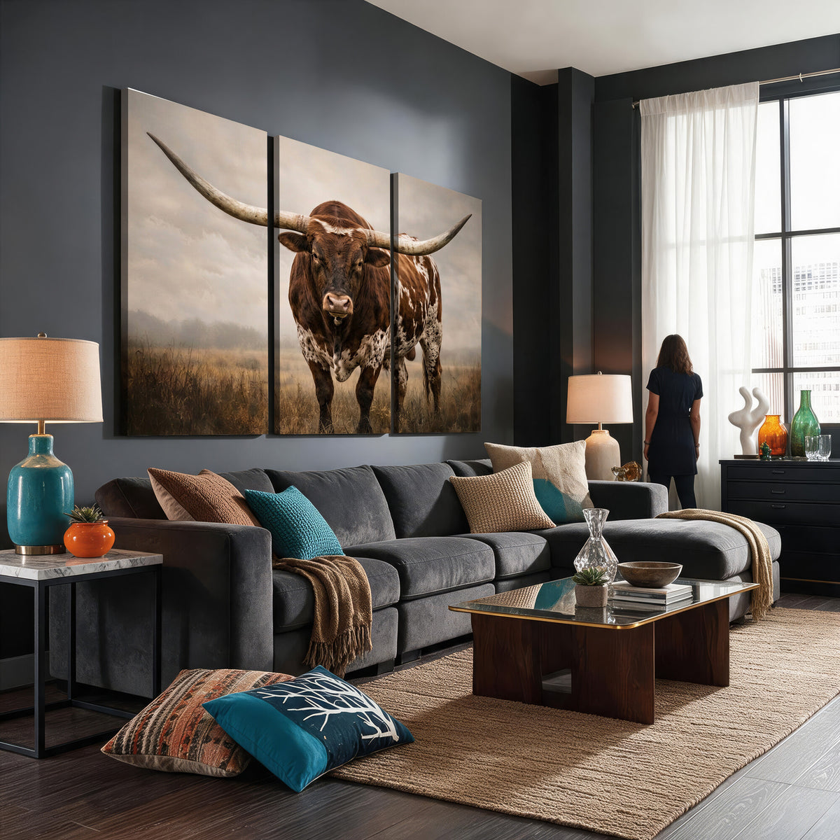 25239047A-MGV-CV-36X24 - Texas Longhorn Canvas Wall Art Western Bull Desert Moody Grey Overcast Rustic Farmhouse Framed Large for Living Room Bedroom Office Decor