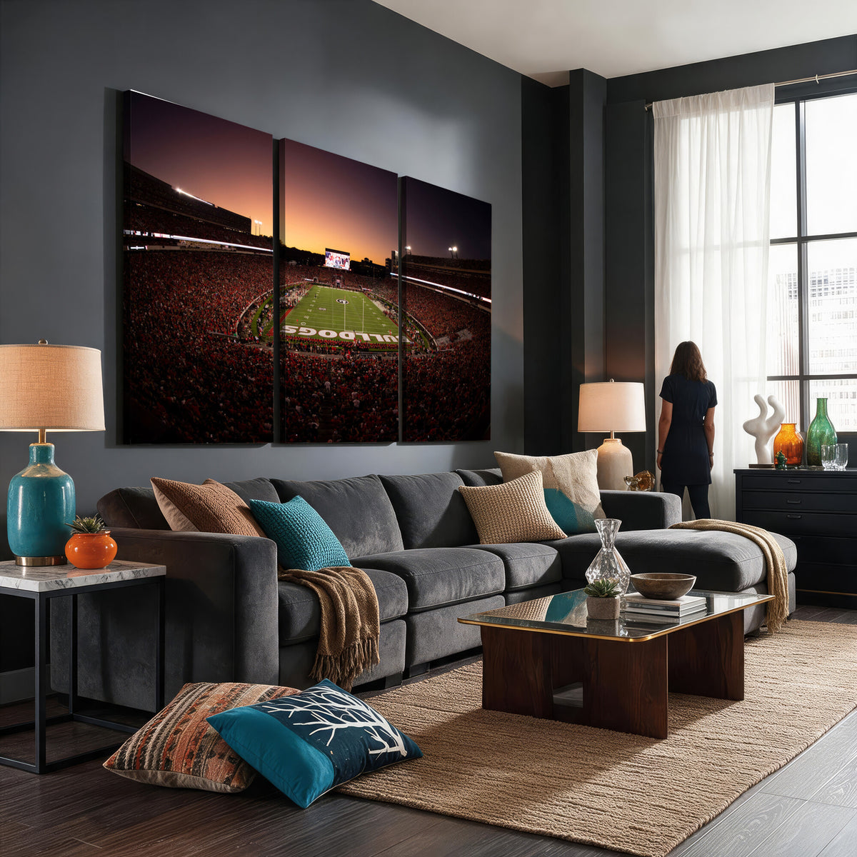97720998-_Poster-30x20 - Georgia Bulldogs Stadium Sunset Canvas Print 3 Piece Framed Wall Art Extra Large Floating Frame Sports Poster Made in USA