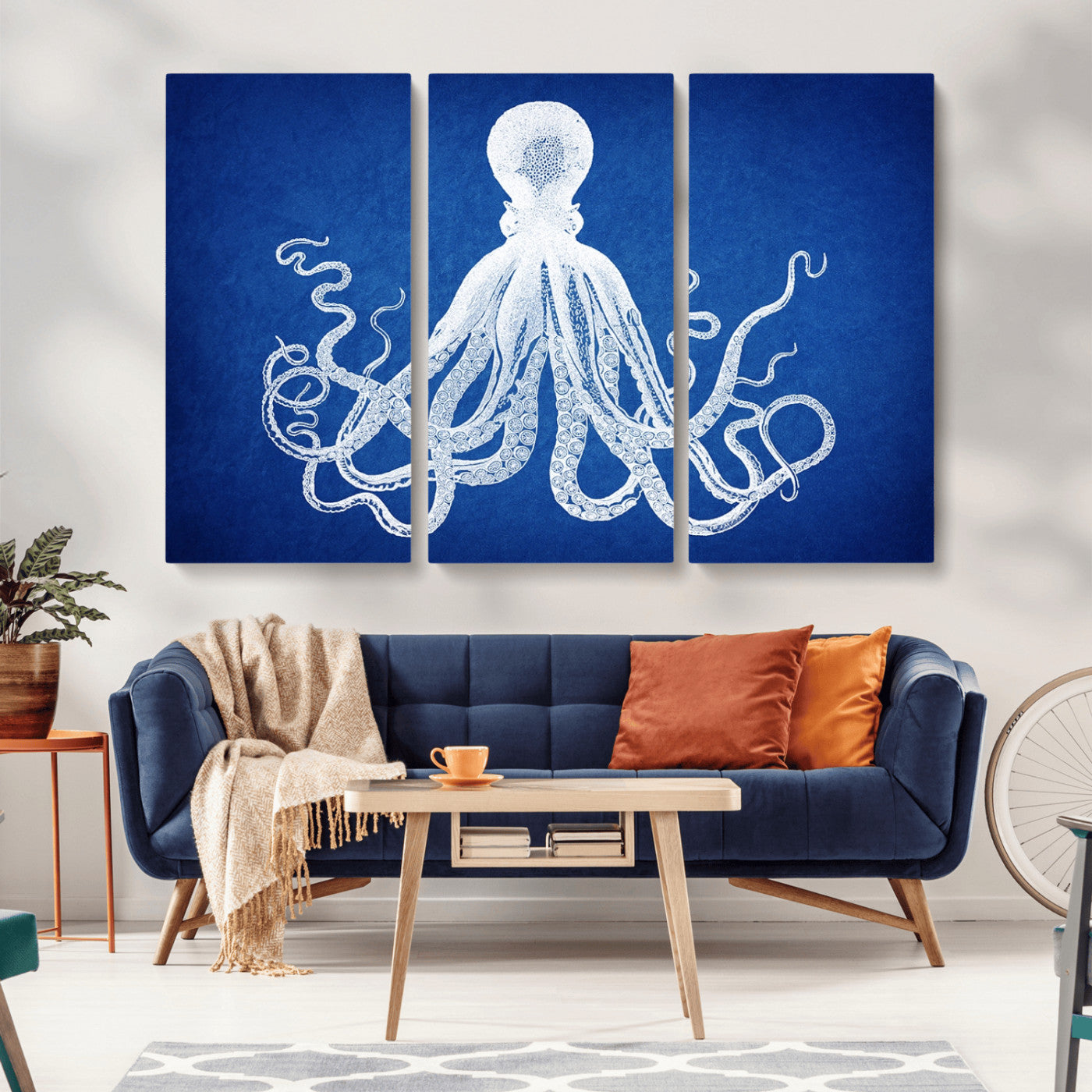 67315-MGV-CV-36X24-Large 3-Panel Blue Octopus Canvas Wall Art | Coastal Marine Life Artwork for Living Room, Bedroom,