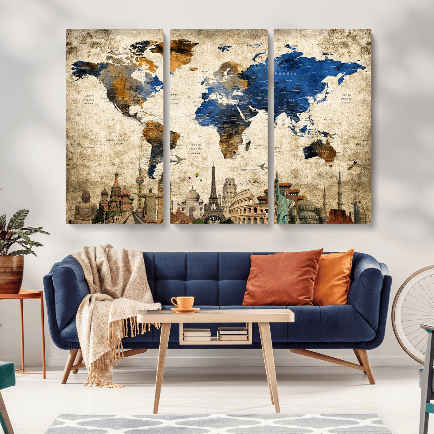 20261-MGV-CV-36X24-World Map Canvas Print – Vintage Blue and Gold World Map Wall Art, Framed Travel Inspired Decor for Living Room or Office