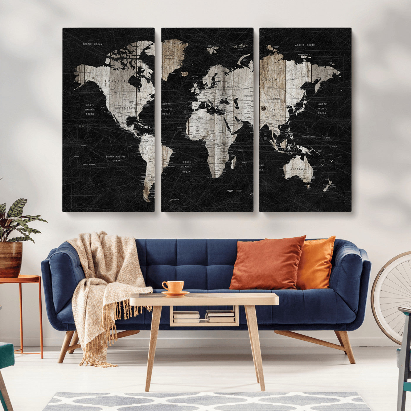 89998-MGV-CV-36X24-Rustic Black and Wood World Map Canvas Wall Art – Framed Push Pin Travel Map for Home and Office Decor, Modern Vintage Wall Artwork