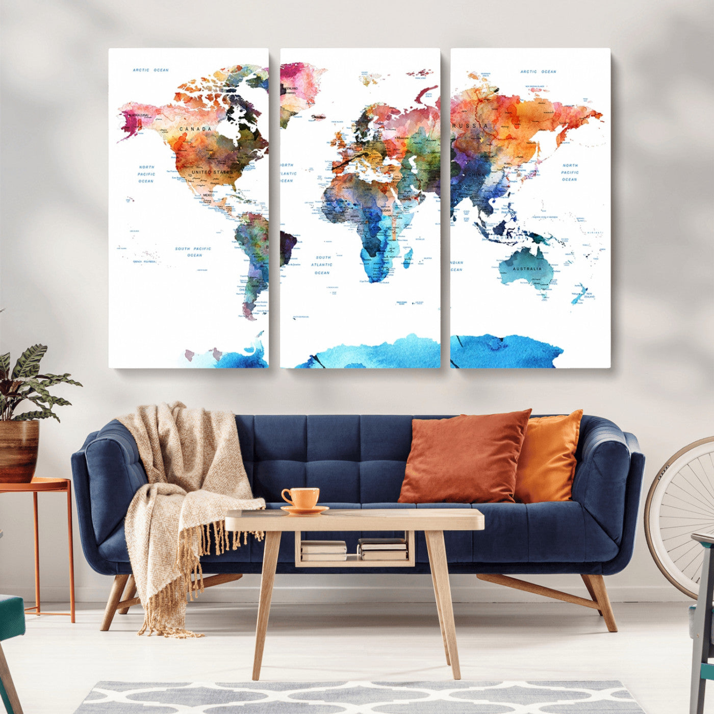 11576-MGV-CV-36X24-Vibrant Watercolor World Map Canvas Wall Art – Framed Push Pin Travel Map for Home and Office Decor, Modern Colorful Wall Artwork