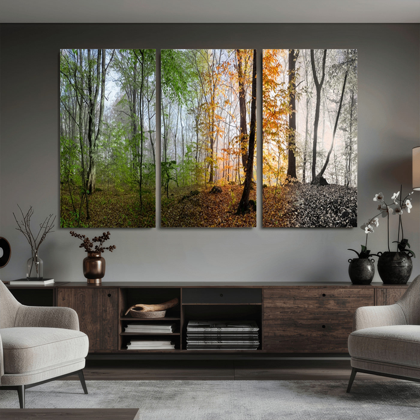 95317-MGV-CV-36X24 - Four Seasons Wall Art Forest Canvas Print – Triptych Seasonal Nature Print – Landscape Decor for Living Room