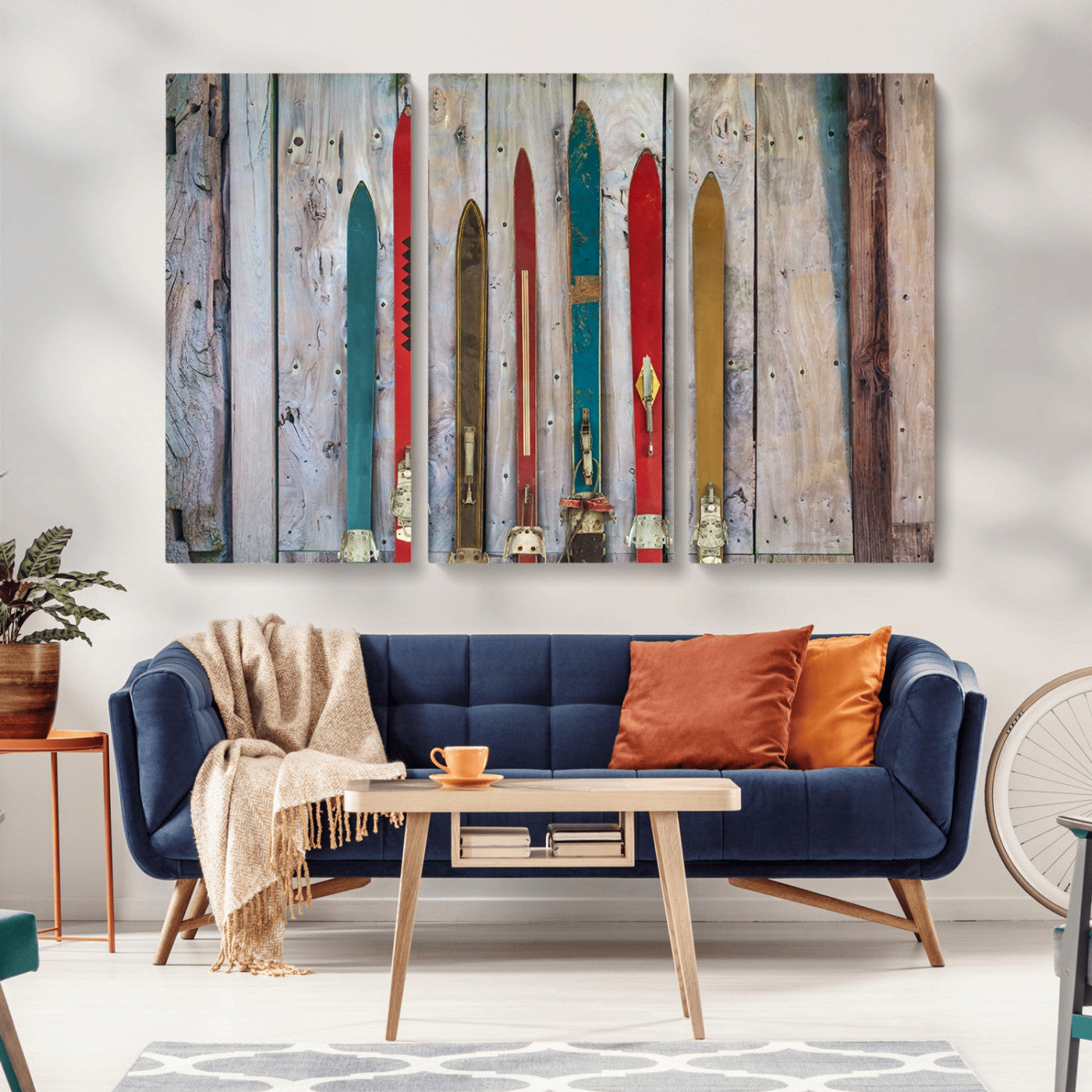 -Vintage Wooden Weathered Ski's in Front of an Old Barn Wall Art Canvas Print for Farmhouse, Cabin