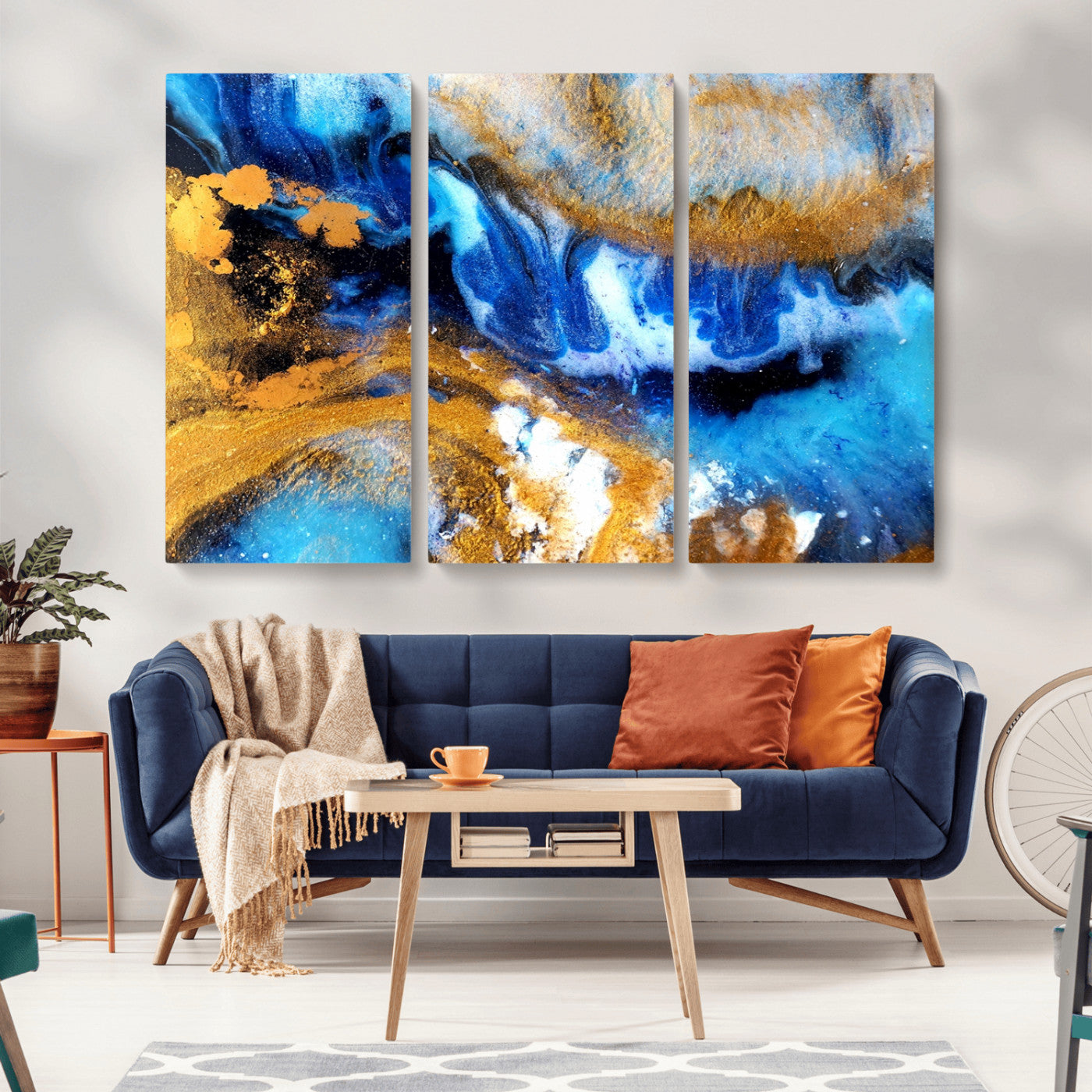 42100-MGV-CV-36X24-Blue Orange Marble Fluid Effect Canvas Wall Art Print