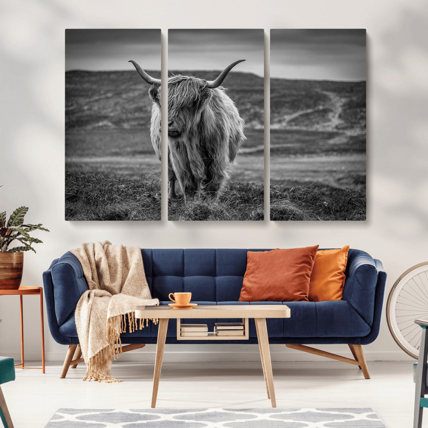 -Fluffy Cattle Wall Art Print, Highland Cow Canvas, Framed Black and white Wall Art