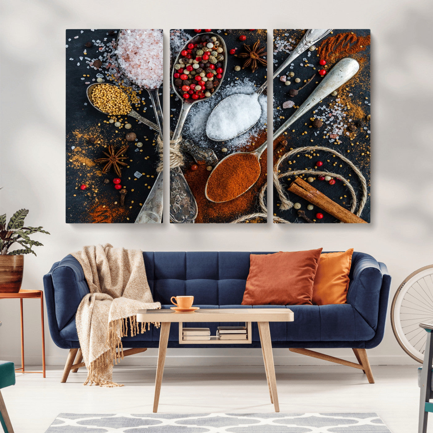 -Spices and Seasonings Canvas Wall Art – Colorful Triptych Kitchen Decor – Culinary Art for Dining