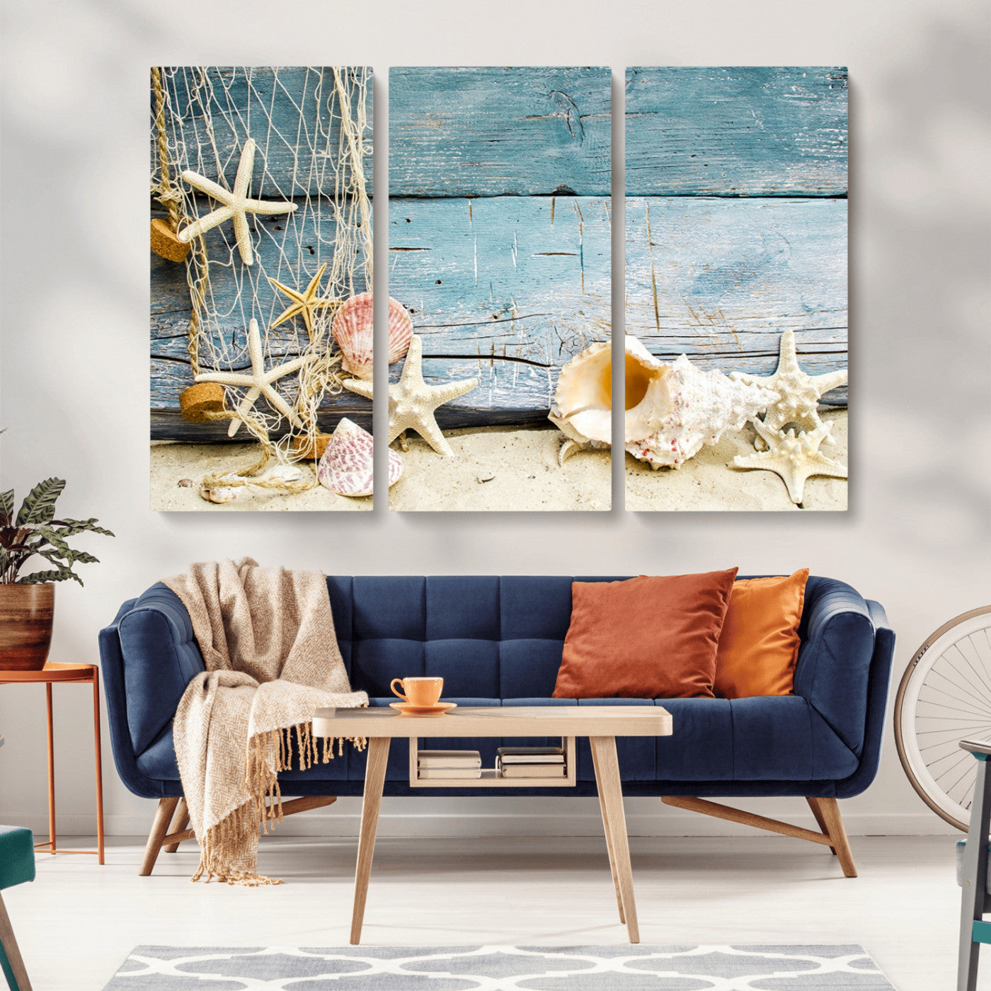 -Seashells on Rustic Wooden Background, Seashells Wall Art Canvas Print