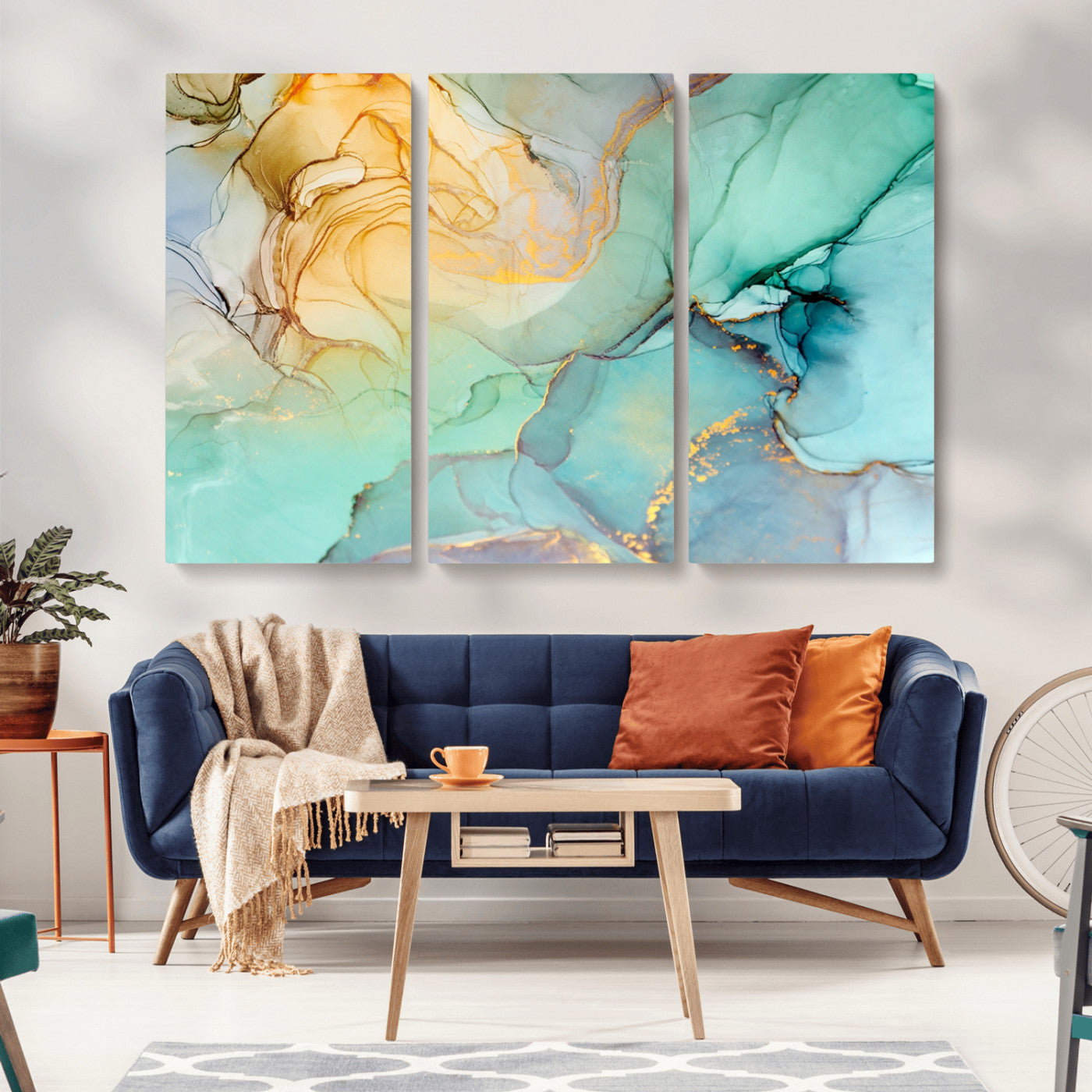 84233-MGV-CV-36X24-Abstract Aqua and Gold Fluid Wall Art Canvas | 3 Panel Large Canvas Print for Living Room, Office,