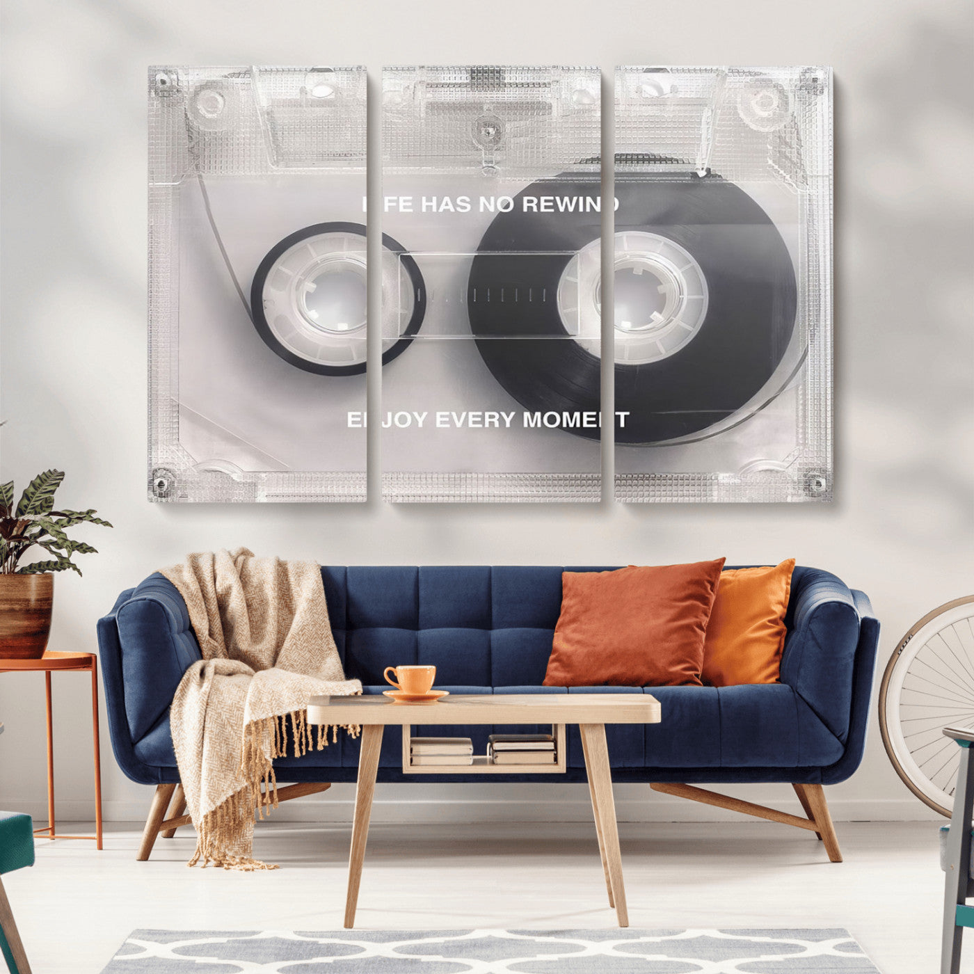 -Vintage Cassette Tape Canvas Wall Art - Inspirational 'Life Has No Rewind' Quote, Retro Music Decor