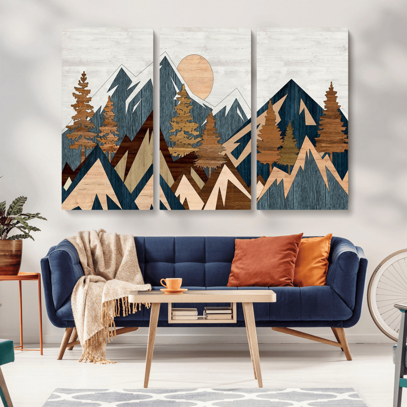 91467-MGV-CV-36X24-Abstract Wood Panel Effect Mountain Range Top Wall Art Canvas Print