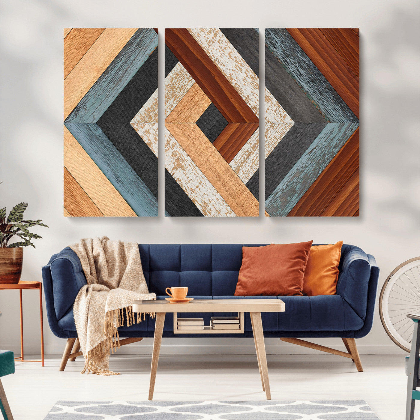 20897-MGV-CV-36X24-Geometric Wood Art Wall Decor Canvas Print, Rustic Wooden Pattern Triptych Wall Art for Living Room