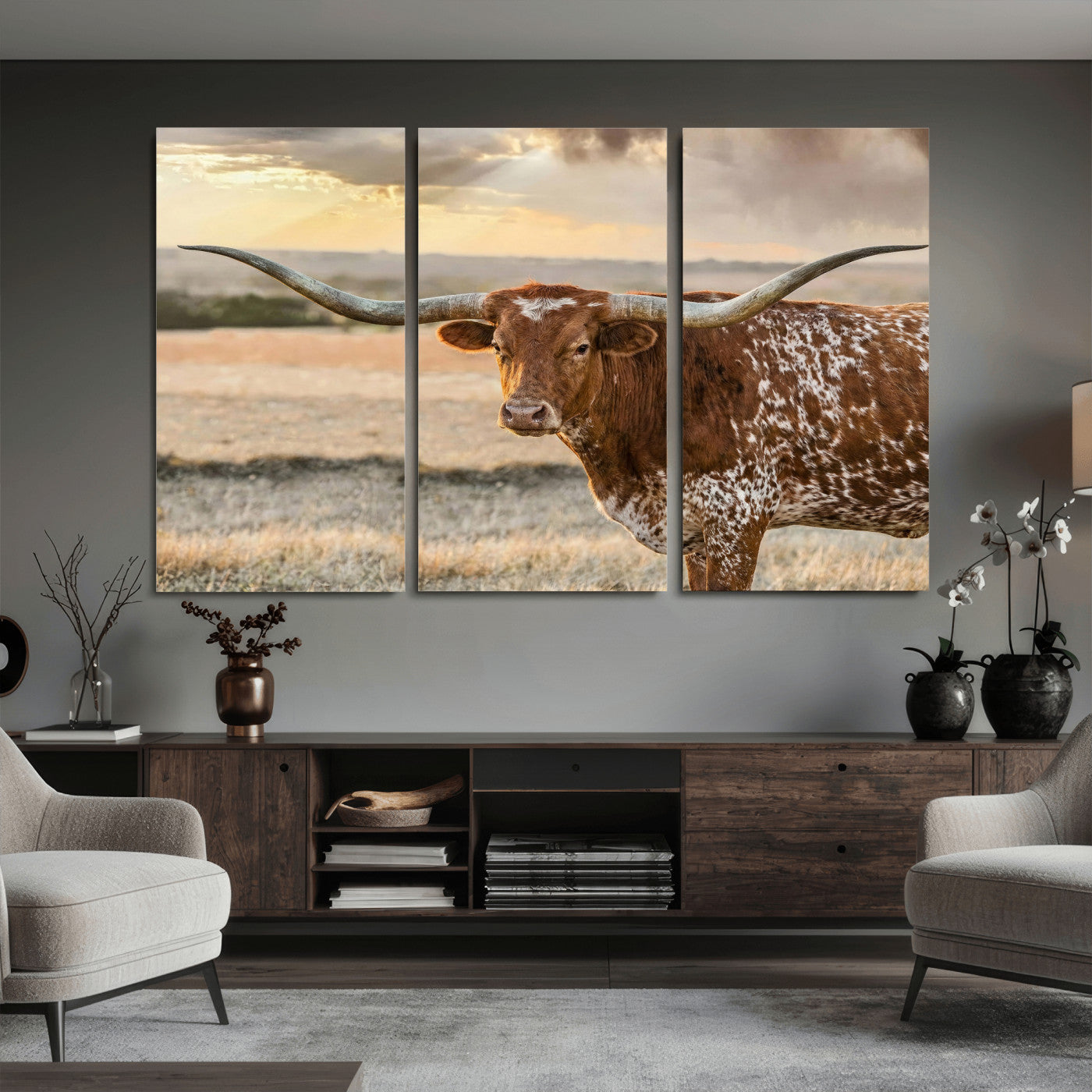 42715-MGV-CV-36X24 - Texas Longhorn Wall Art Canvas Print, Rustic Ranch Decor, Majestic Western Longhorn Cattle