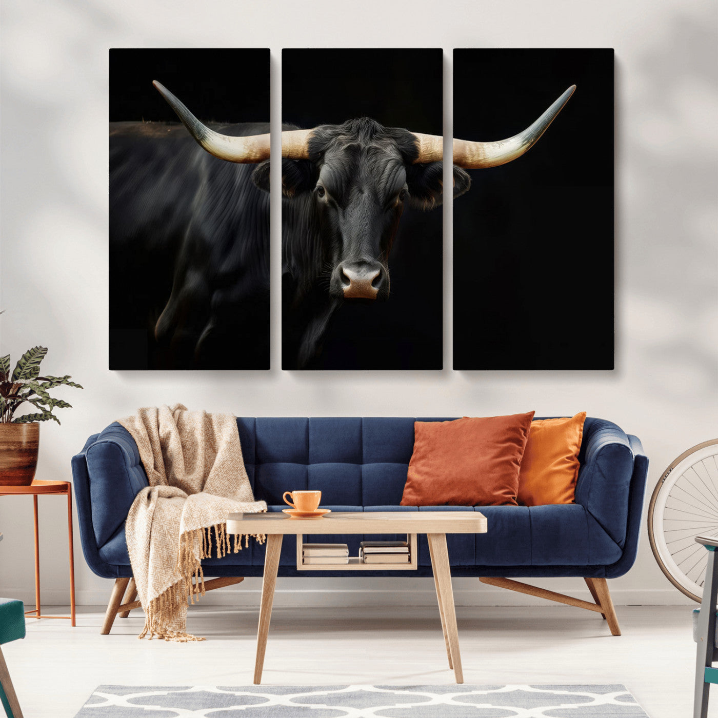 -Black Bull Wall Art – Majestic Longhorn Canvas Print with Dark Background, Rustic Western Farmhouse Decor for Living Room or Office