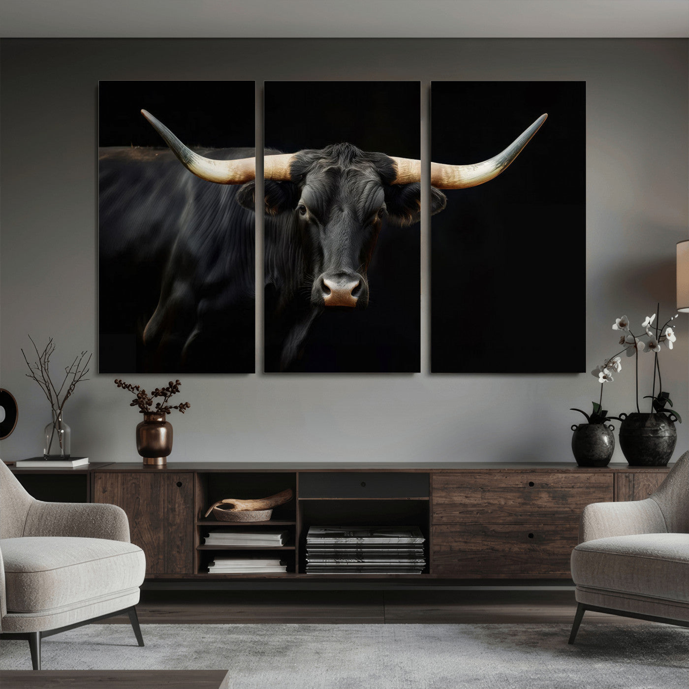 63798-MGV-CV-36X24 - Texas Longhorn Cow | Majestic Black Bull Wall Art Canvas Print - Farmhouse Animal Decor - Ready to