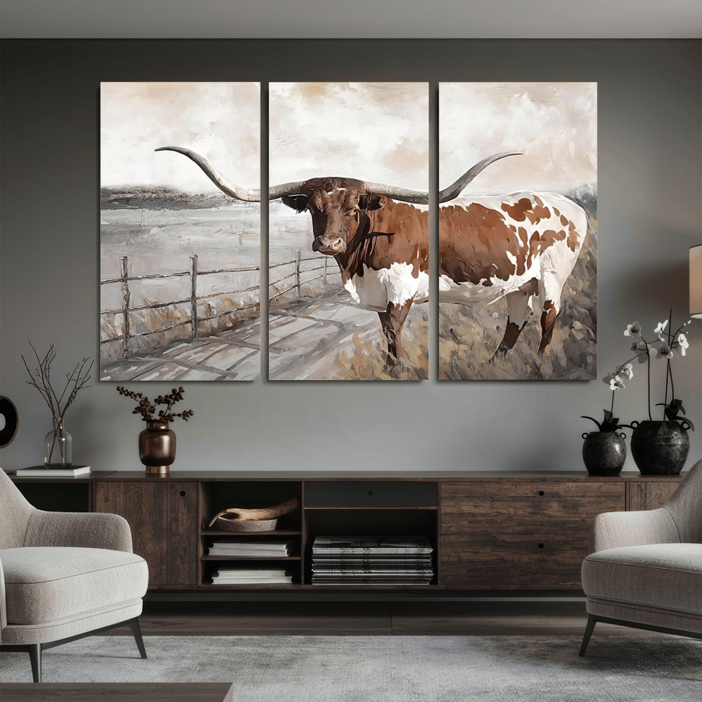 57340-MGV-CV-36X24 - Vintage Texas Cow Wall Art Canvas Print, Rustic Longhorn Wall Art | Canvas Print for Farmhouse Decor