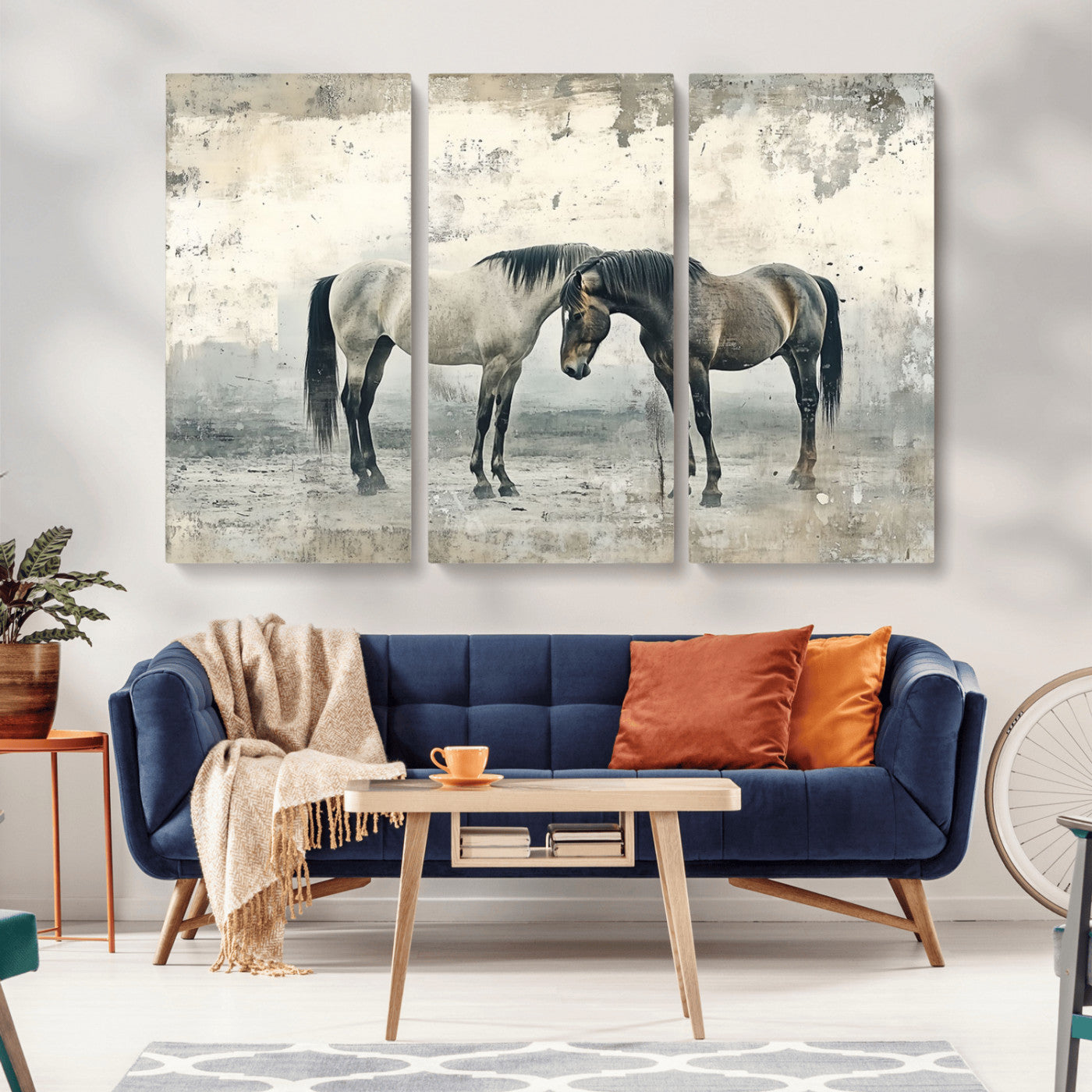 -Chines Style Majestic Horses Wall Art | Ready to Hang and Framed Triptych Print | Western Farmhouse