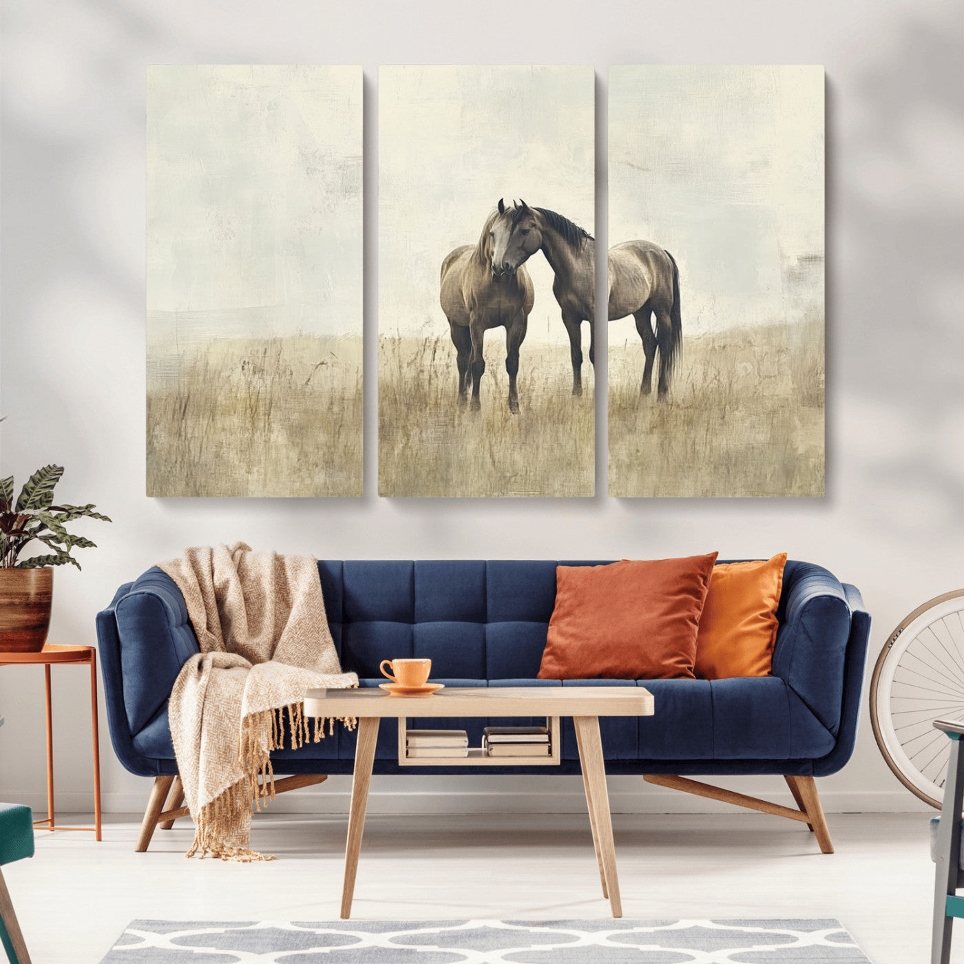 -Chines Style Grunge Horses Wall Art Canvas Print