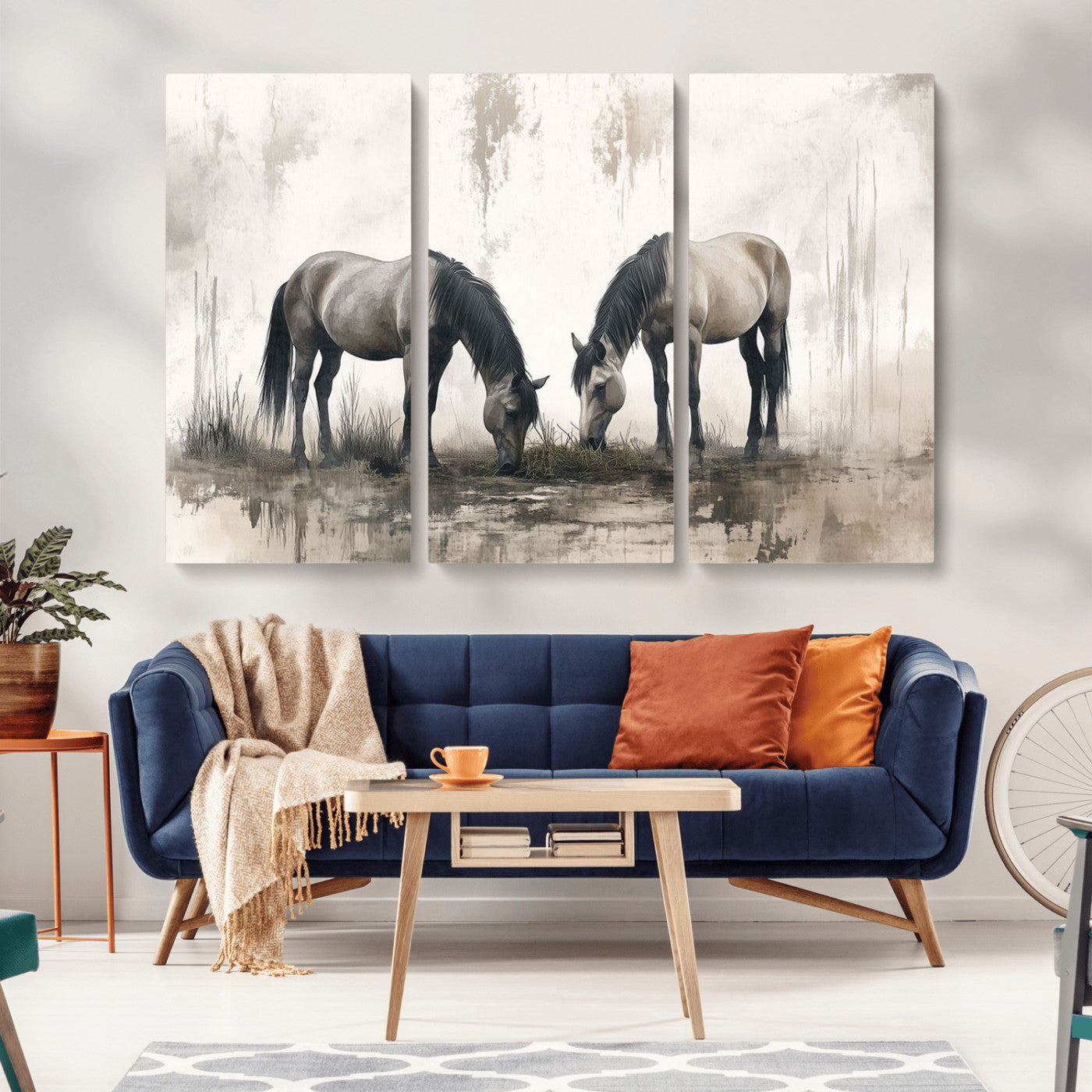 -Chines Ink Style Vintage Horses Wall Art Canvas Print for Farmhouse Wall Decor