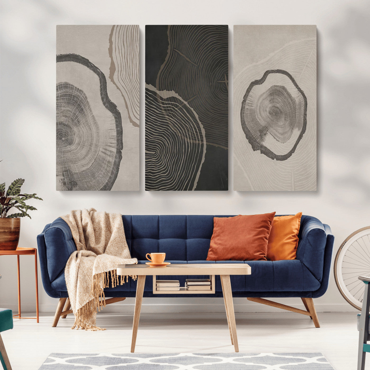 25407-MGV-CV-36X24-Modern Abstract Tree Ring Canvas Art Set | 3 Panel Large Tree Ring Design for Living Room, Office,