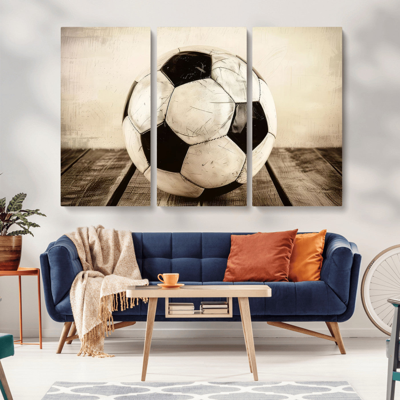 -Vintage Soccer Ball Wall Decor Canvas Art – 3-Panel Soccer Wall Decor, Framed and Ready to Hang