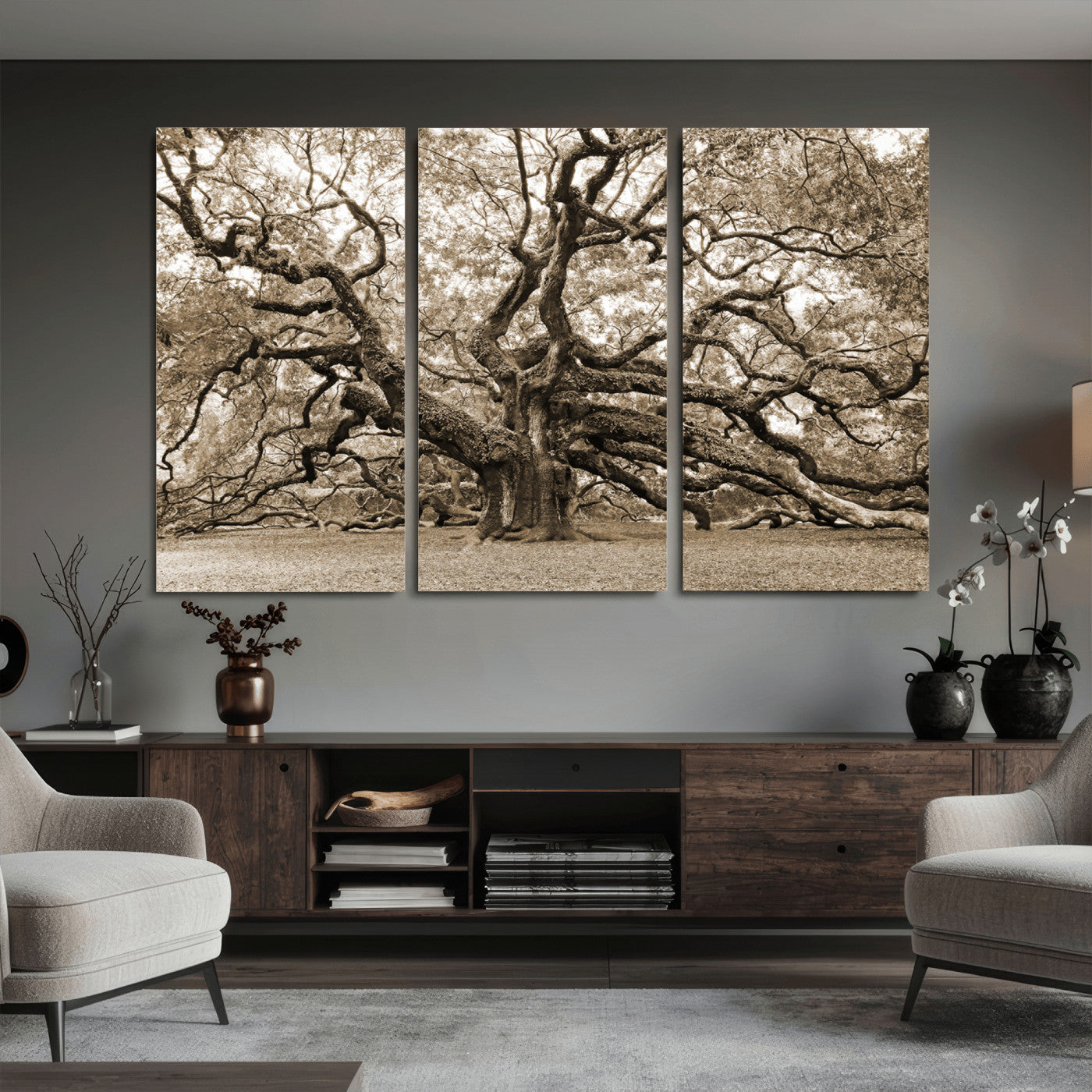 51126-MGV-CV-36X24 - Sepia Framed Angel Oak Tree Wall Art - 3-Panel Canvas Prints, Large Green Nature Artwork, Ready to