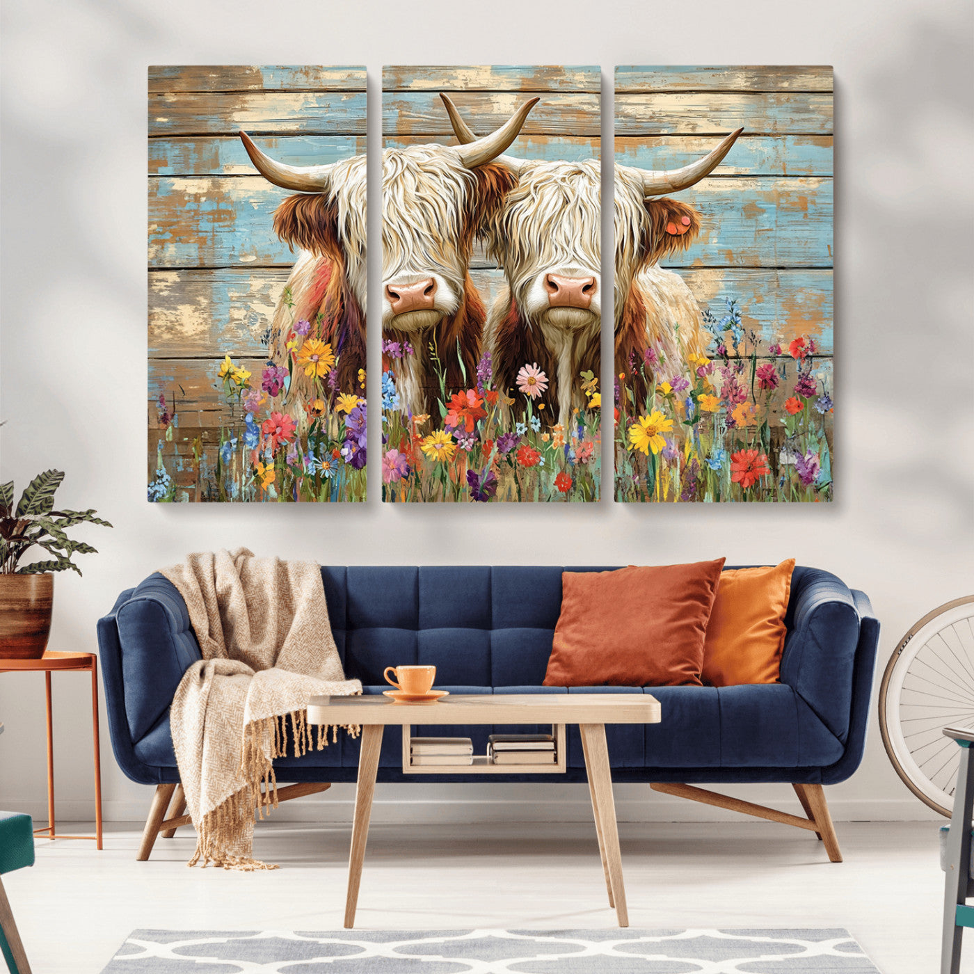 -Cute Highland Cow Canvas Wall Art - Rustic Farmhouse Decor with Colorful Flowers Perfect Wall Art