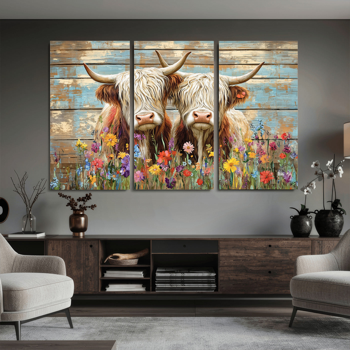 36972-MGV-CV-36X24 - Cute Highland Cow Canvas Wall Art - Rustic Farmhouse Decor with Colorful Flowers Perfect Wall Art