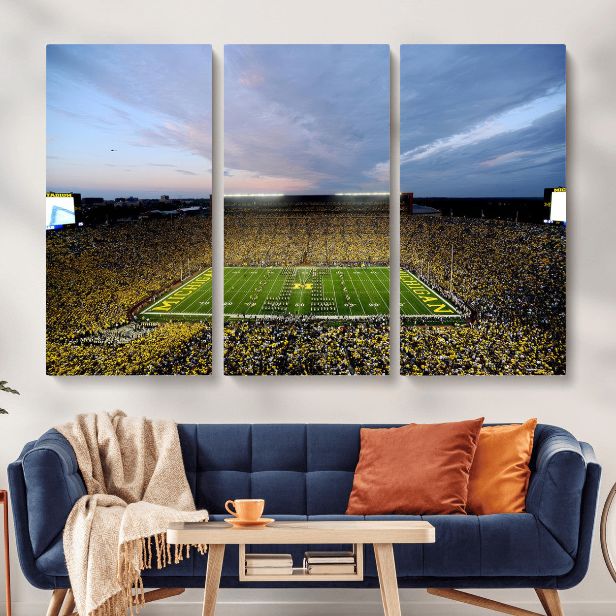 82641-MGV-CV-48X32-3P - Michigan Stadium Wall Art Canvas Print, Vibrant Game Day Crowd and Sunset Sky Football Field Artwork for Home, Office