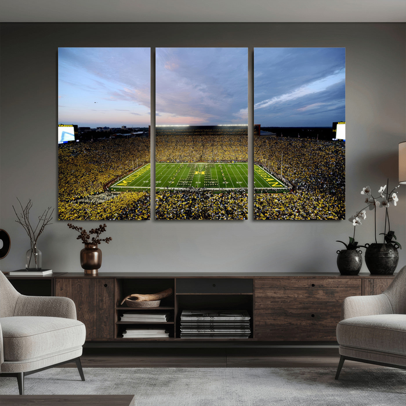 82641-MGV-CV-36X24 - Michigan Stadium Wall Art Canvas Print, Vibrant Game Day Crowd and Sunset Sky Football Field Artwork for Home, Office