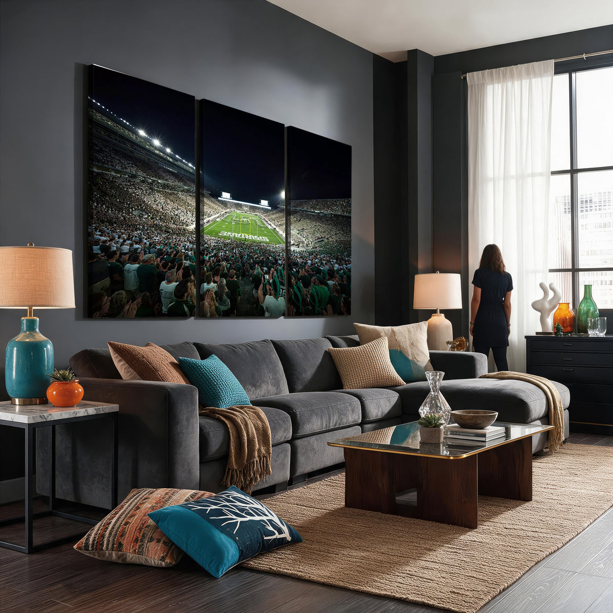 57523-PAN-FL-20X10 - Framed Michigan State Spartans Football Team Print - East Lansing Spartan Stadium Wall Art Canvas