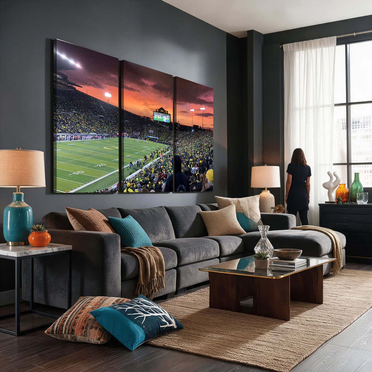 75065-PAN-FL-20X10 - Eugene Autzen Stadium Canvas Wall Art Print – Sunset Over Iconic Football Field Wall Decor for Home