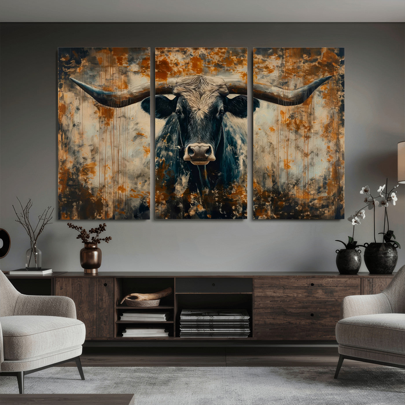 85913-MGV-CV-36X24 - Abstract Longhorn Bull Wall Art | Rustic Western Wall Decor | Framed and Ready to Hang | Ideal for