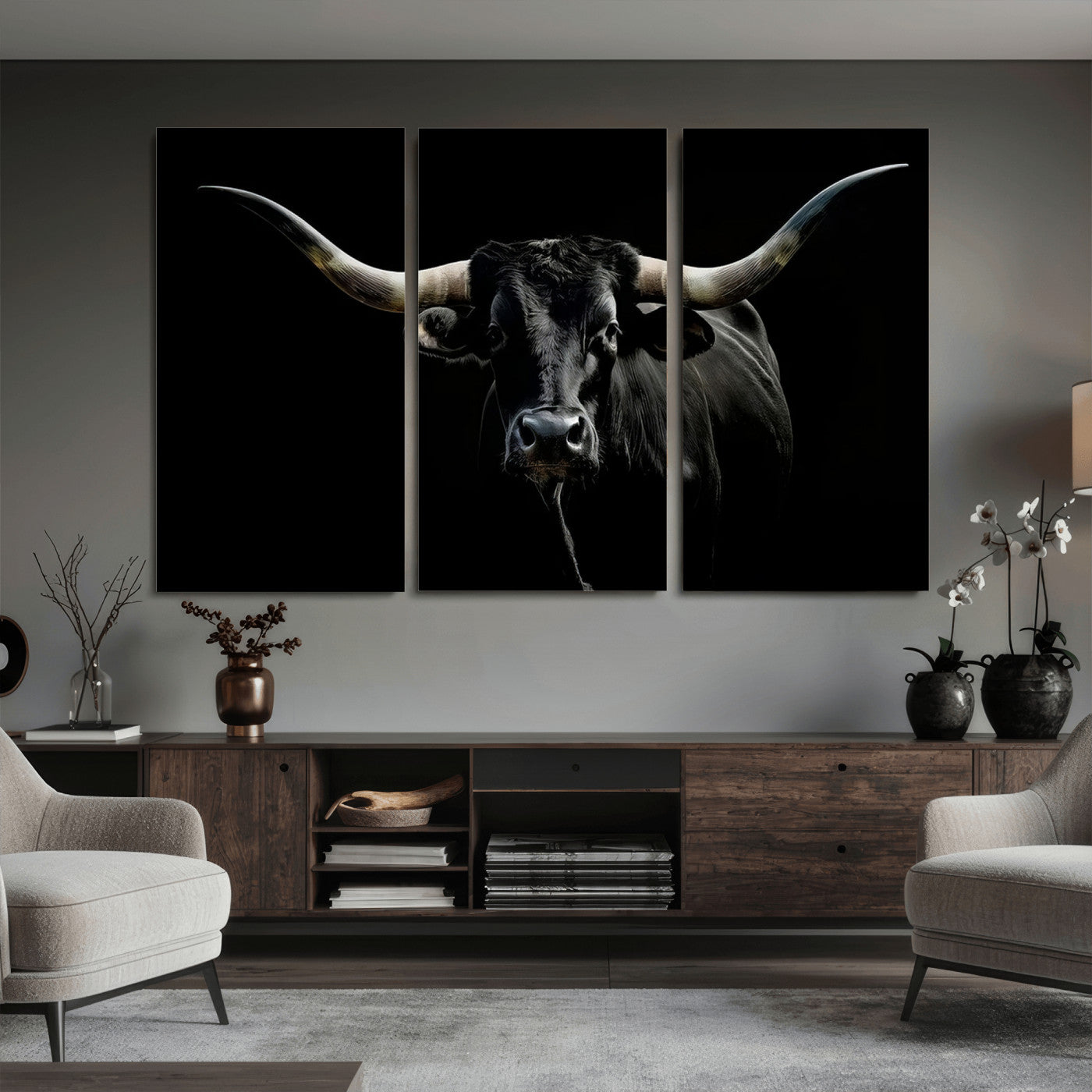 20679-MGV-CV-36X24 - Texas Black Longhorn Bull Wall Art Canvas Print - Western Texas Cattle Rustic Decor Print - Longhorn