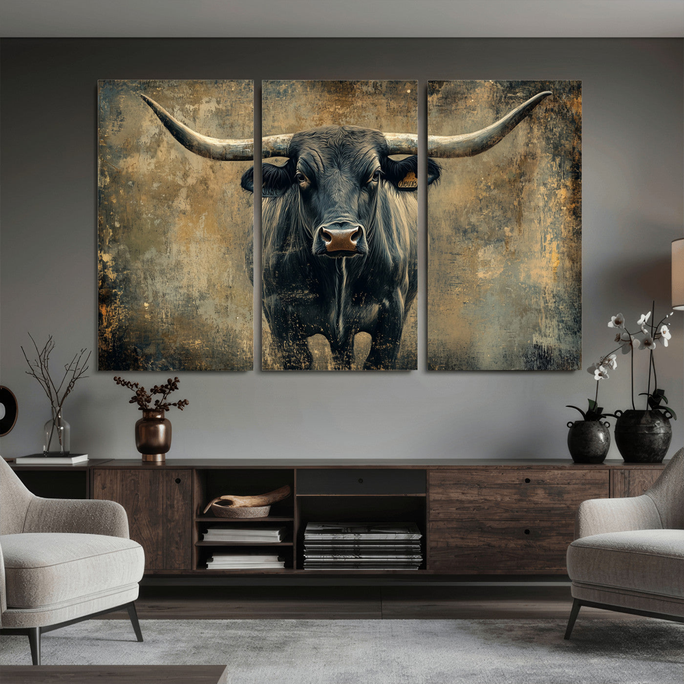 57385-MGV-CV-36X24 - Longhorn Bull Wall Art Canvas Print, Framed Rustic Cow Art Picture Print, Texas Longhorn Perfect Western Decor Artwork