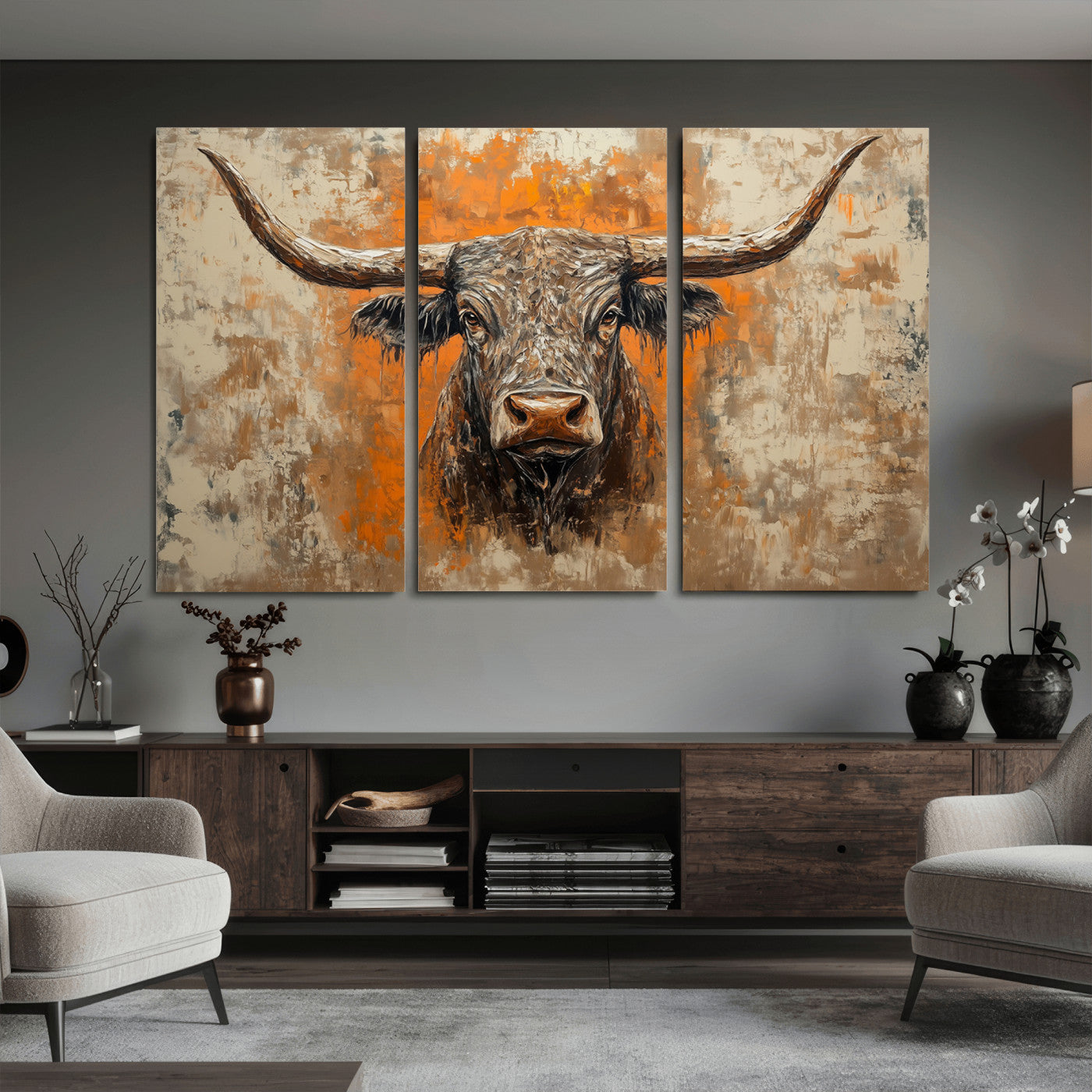 49976-MGV-CV-36X24 - Abstract Cow Longhorn Bull Wall Art Canvas Print - Rustic Texas Western Cattle Artwork
