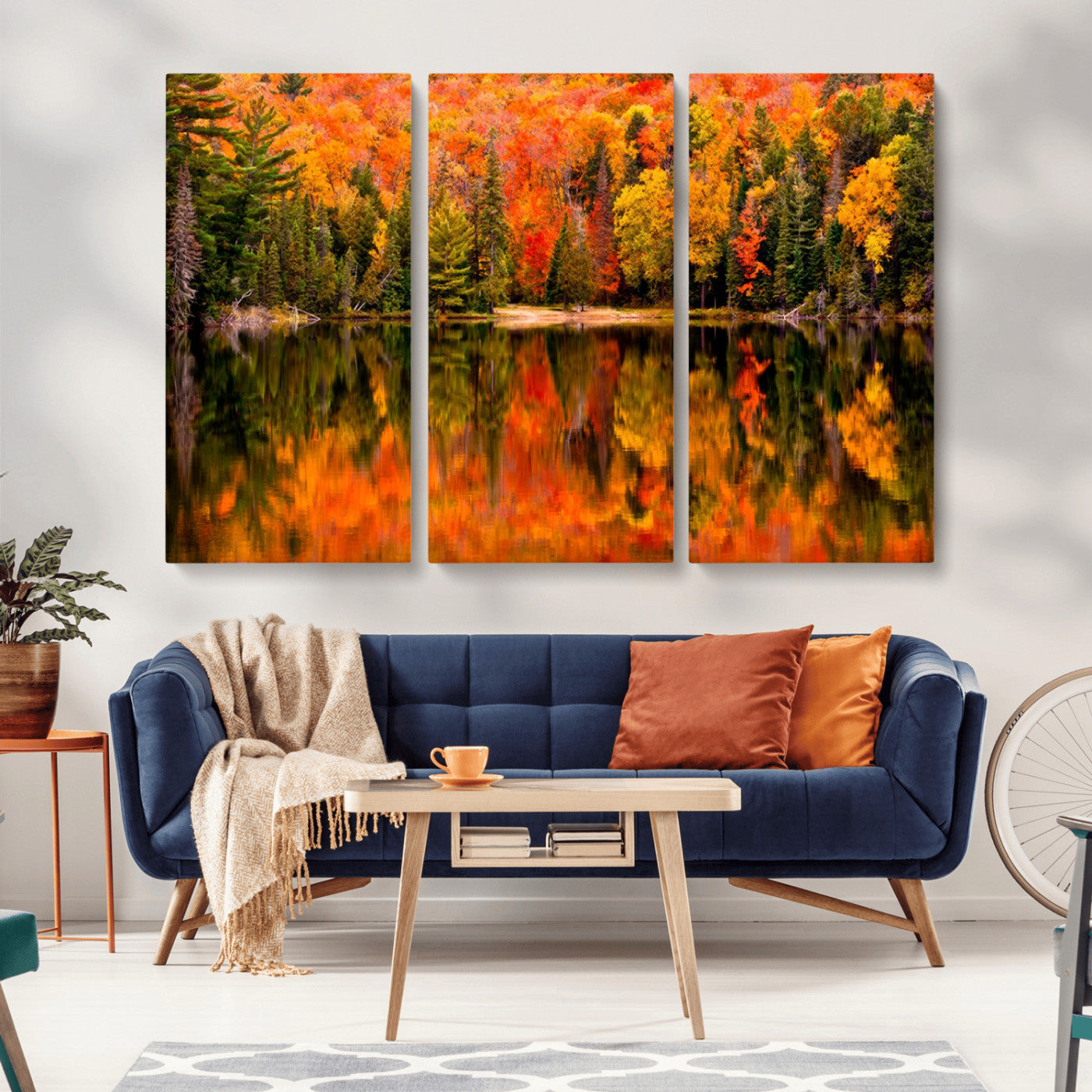 -Forest Reflection Art | Autumn Forest Reflection Wall Art | Triptych Canvas Print | Vibrant Fall