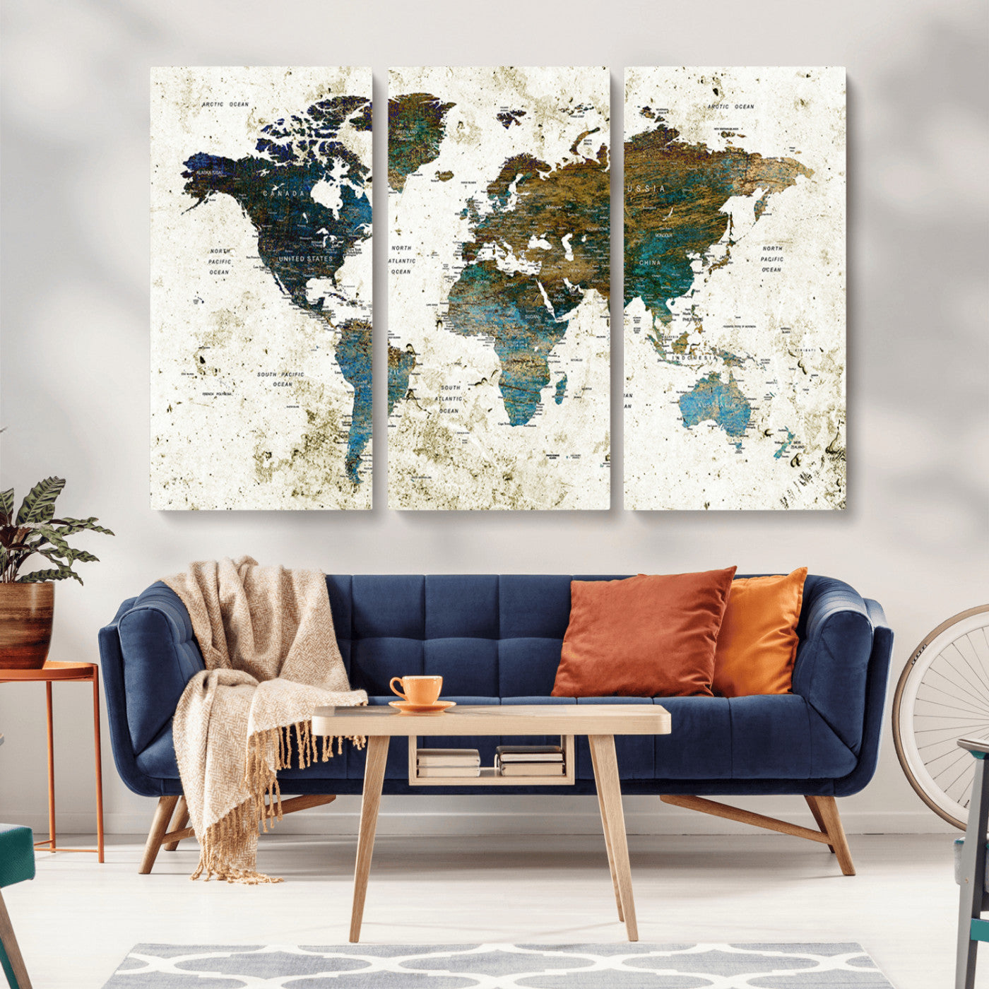 89176-MGV-CV-36X24-Vintage Blue and Brown World Map Canvas Wall Art – Framed Rustic Map Print, Earth Tone Travel Decor for Stylish Home and Office Walls