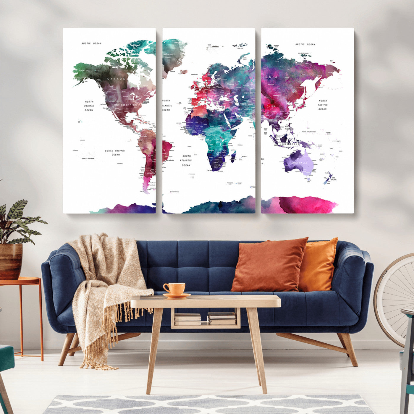 78176-MGV-CV-36X24-Colorful Watercolor World Map Canvas Wall Art – Framed Modern Map Print, Vibrant Travel Inspired Artwork for Home and Office Decor