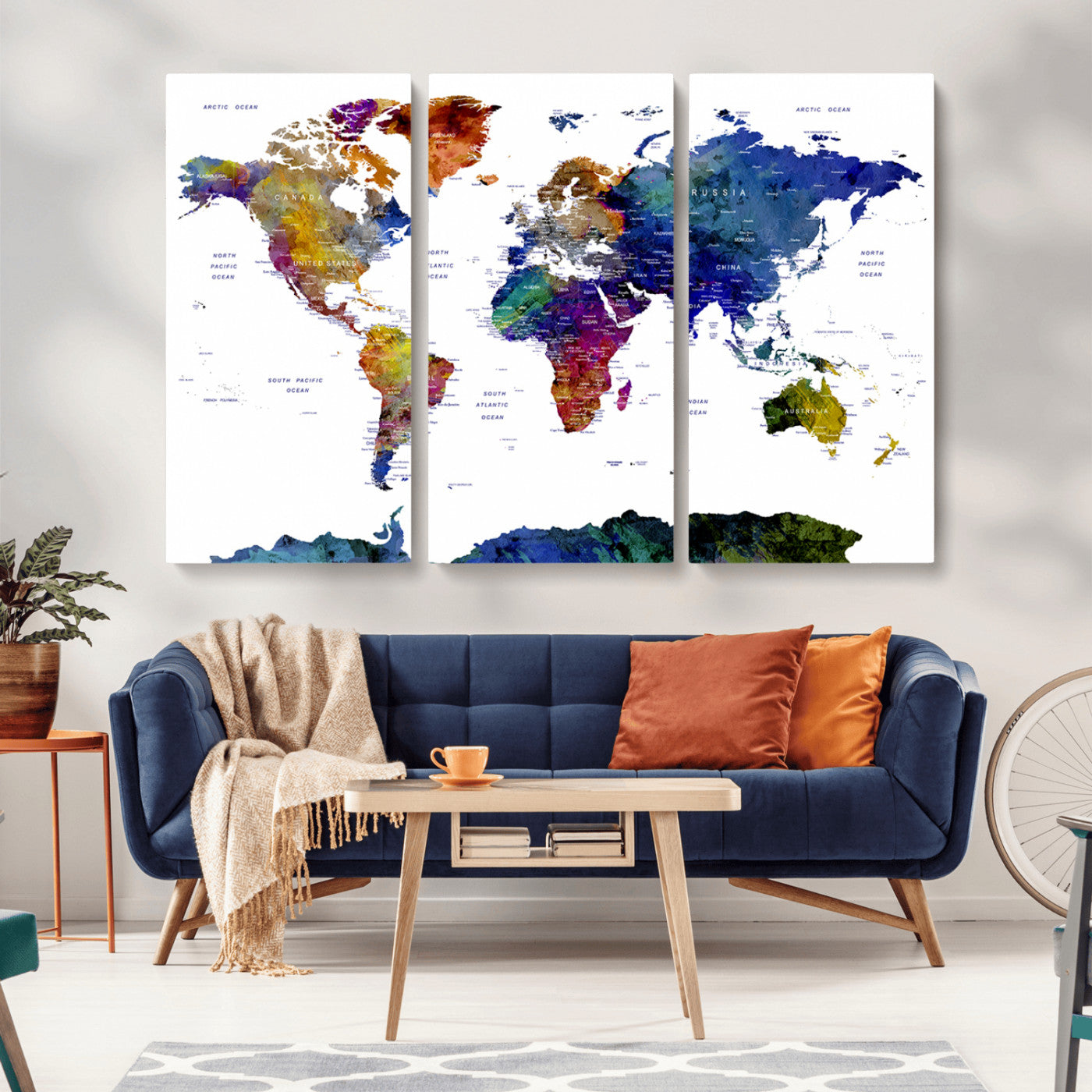 90446-MGV-CV-36X24-Colorful Watercolor World Map Canvas Wall Art – Framed Modern Push Pin Travel Map for Home and Office Decor