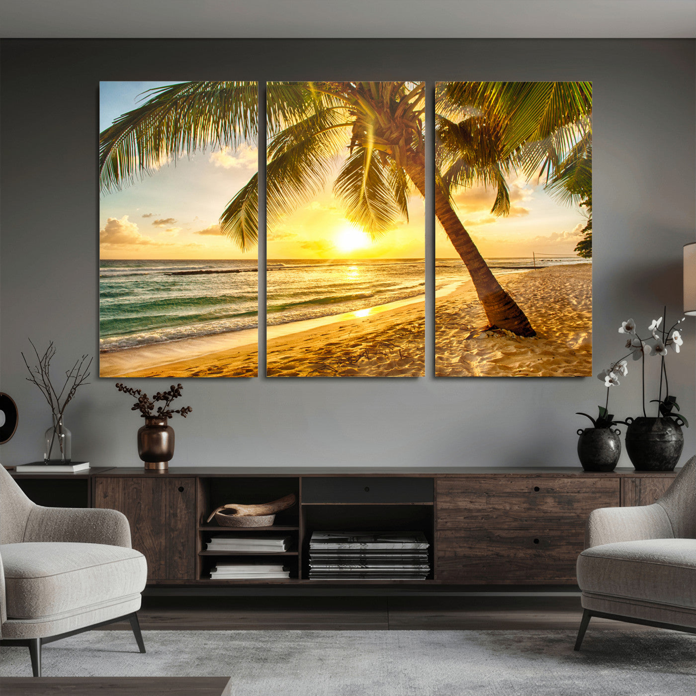 33628-MGV-CV-36X24 - Beach Sunset Canvas Wall Art Print - Tropical Beach Canvas Wall Art Print – Vibrant Palm Trees and