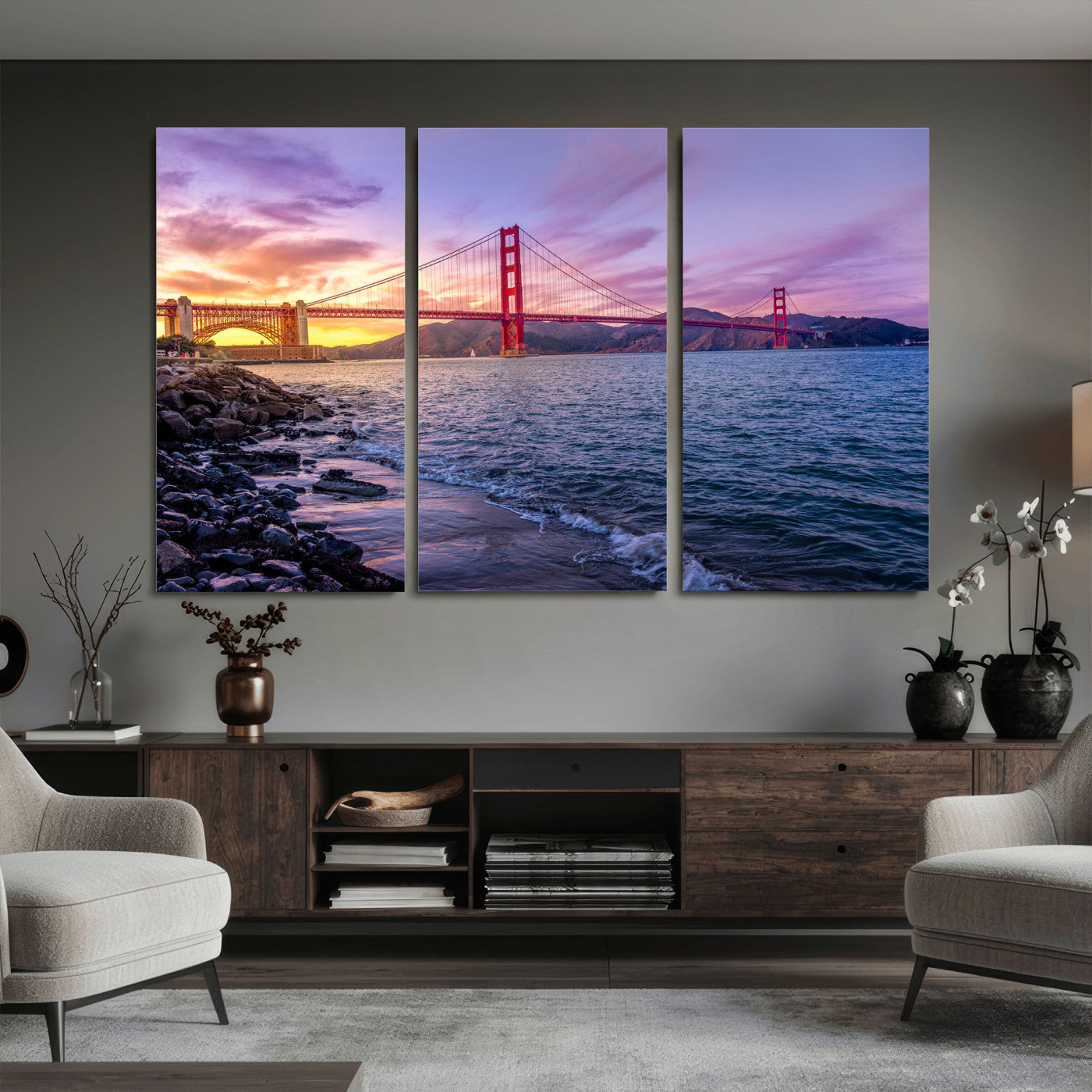 24256-MGV-CV-36X24 - Golden Gate Bridge Wall Art Print, San Francisco Sunset Canvas Wall Art, Cityscape Canvas Print for