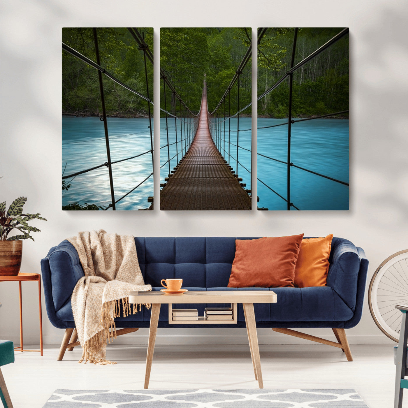 -Suspension Bridge Over River Canvas Art | 3-Panel Nature Photography | Scenic Wall Art for Living