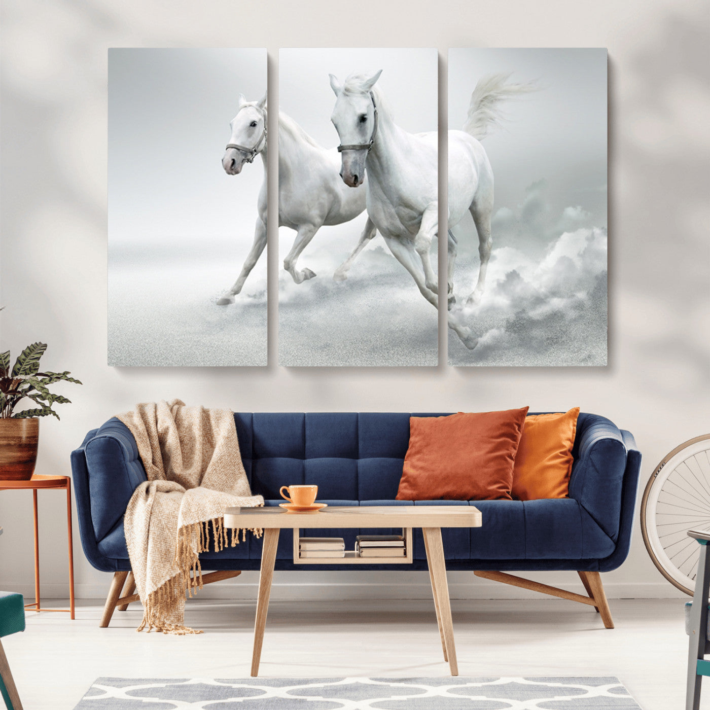 -Large Wall Art Canvas Print – Beautiful Running White Horses Animal Artwork for Home, Office, Living Room